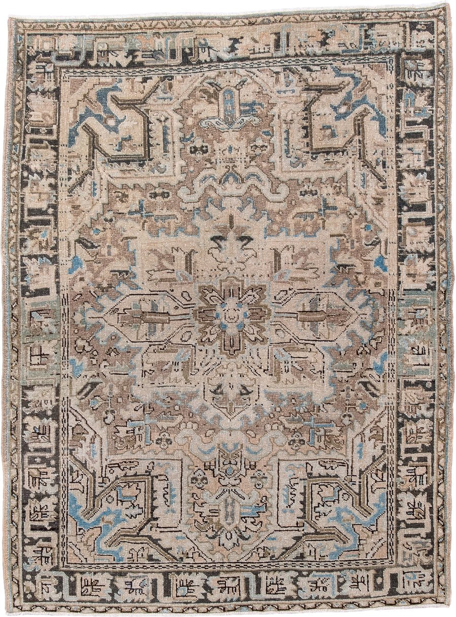4' x 5' one-of-a-kind handmade antique Heriz small size rug. Color palette: ivory, taupe, camel, charcoal, sky blue, beige