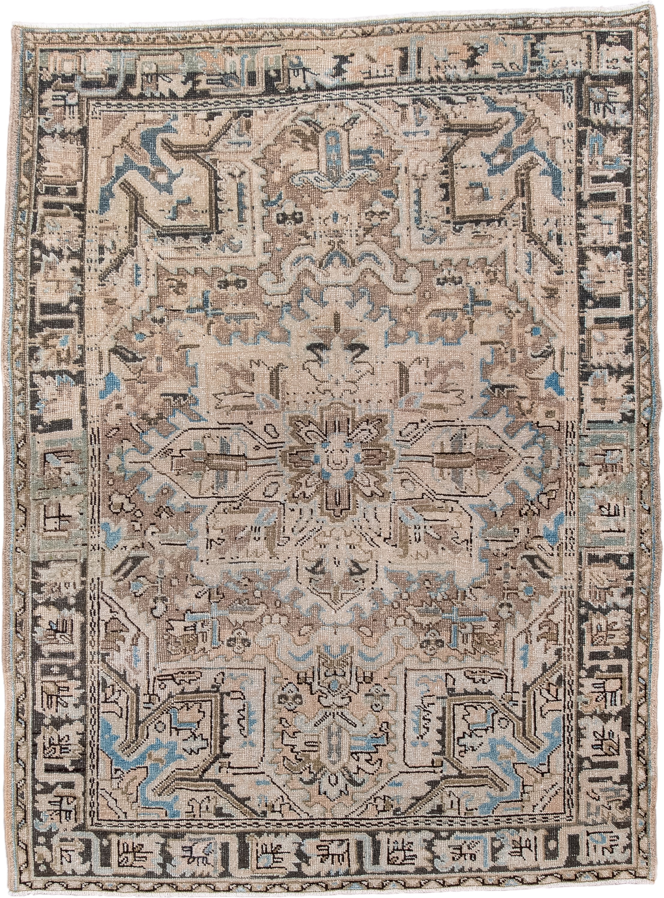 4' x 5' one-of-a-kind handmade antique Heriz small size rug. Color palette: ivory, taupe, camel, charcoal, sky blue, beige