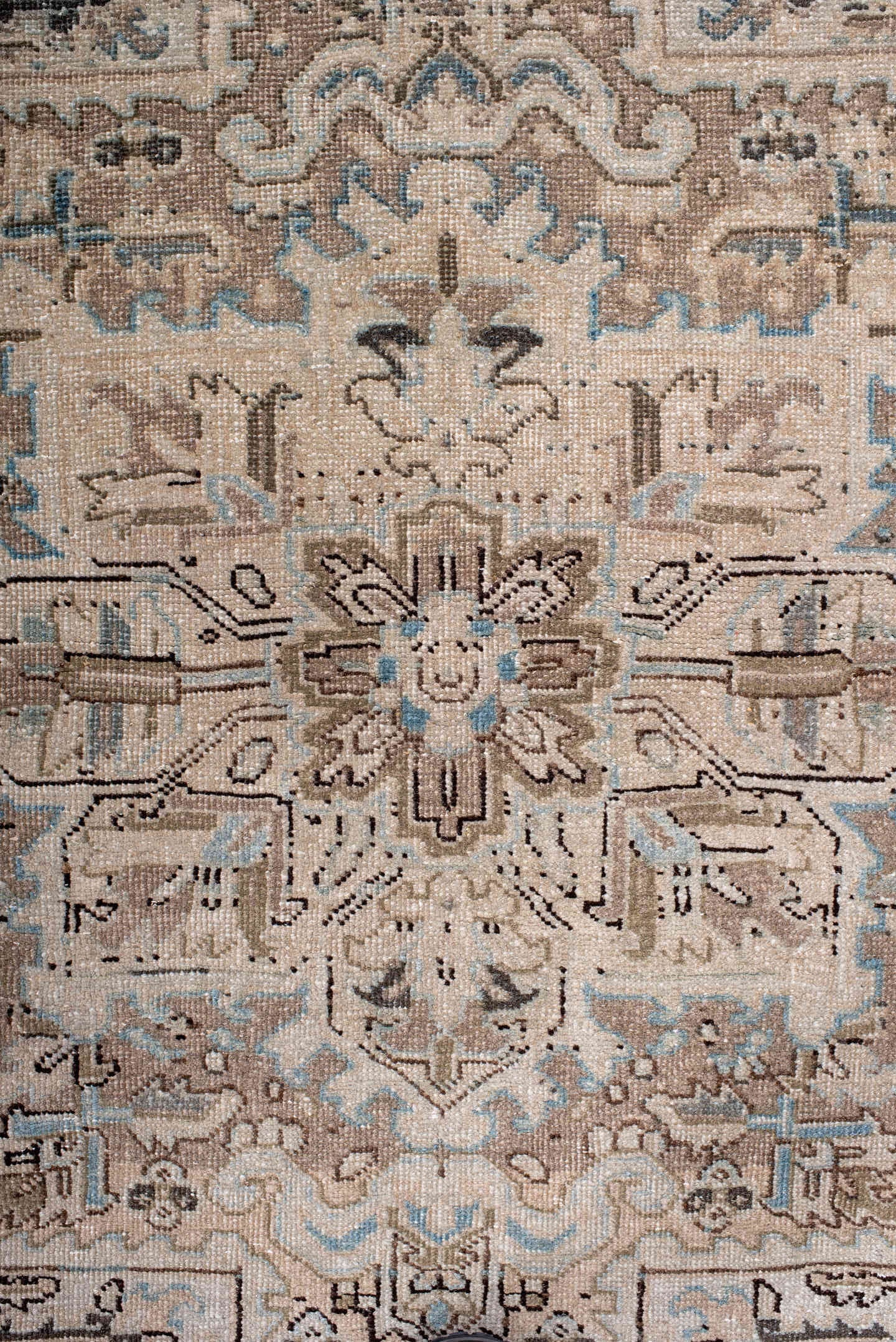 4' x 5' one-of-a-kind handmade antique Heriz small size rug. Color palette: ivory, taupe, camel, charcoal, sky blue, beige