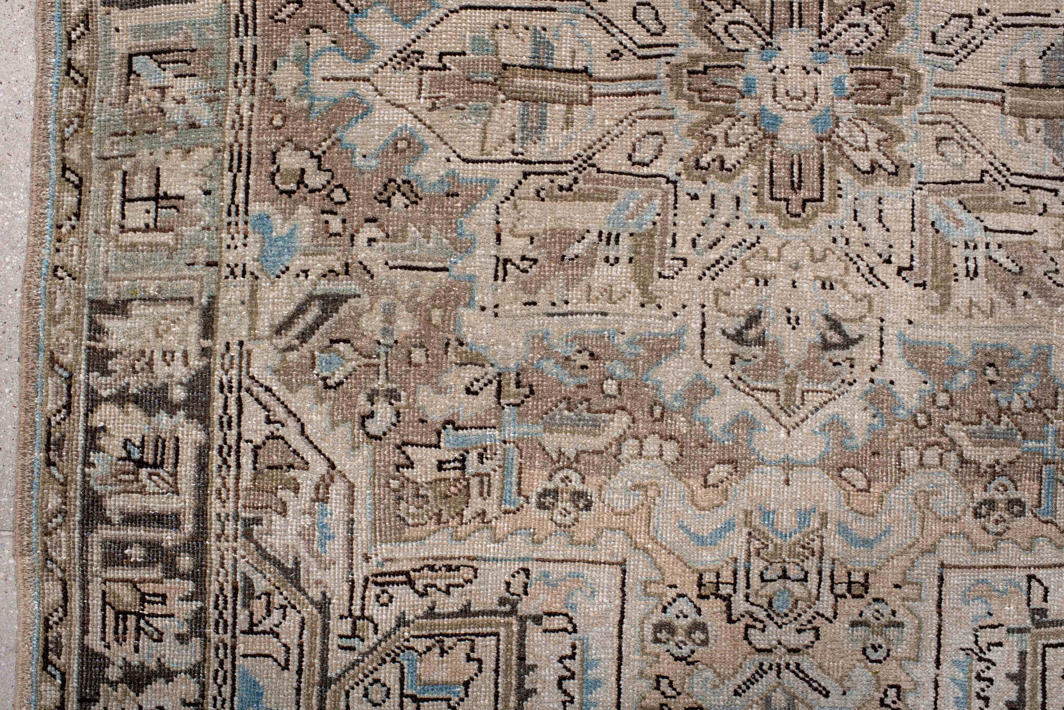 4' x 5' one-of-a-kind handmade antique Heriz small size rug. Color palette: ivory, taupe, camel, charcoal, sky blue, beige