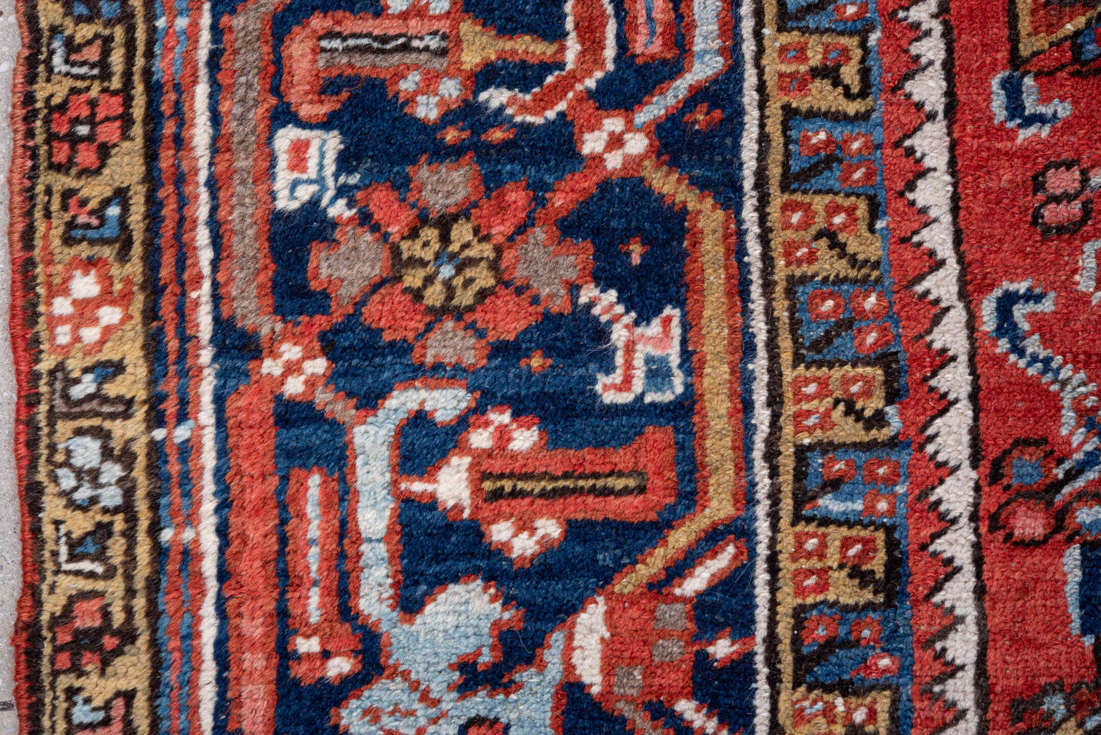 7' x 9' one-of-a-kind handmade vintage Heriz rug. Color palette: black, blue, brown, charcoal, gainsboro, gray, indian red