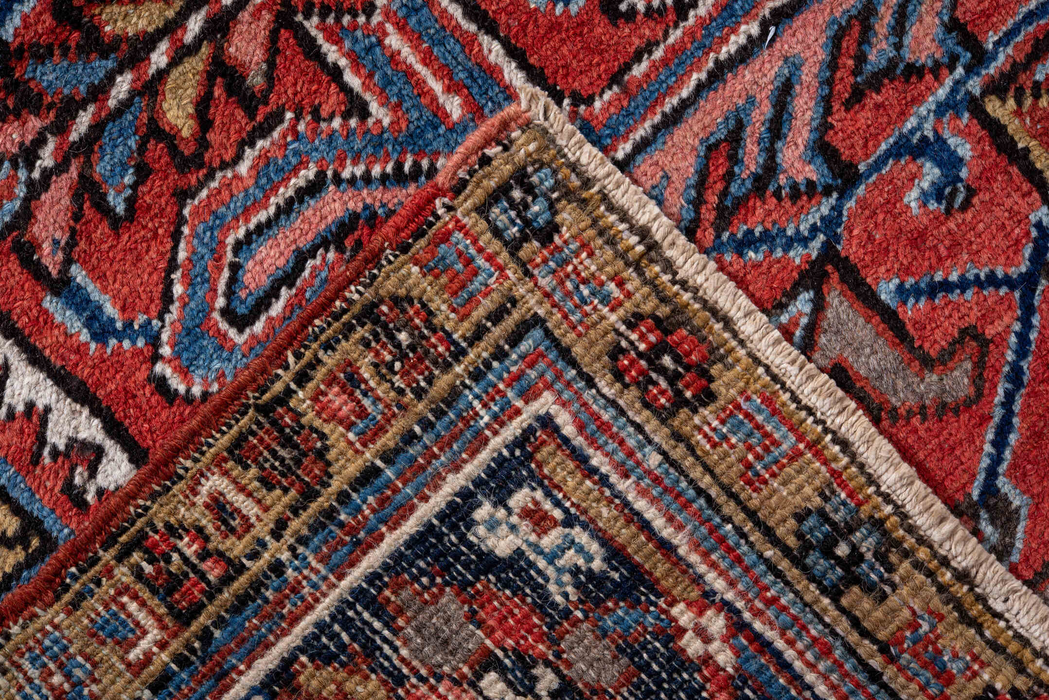 7' x 9' one-of-a-kind handmade vintage Heriz rug. Color palette: black, blue, brown, charcoal, gainsboro, gray, indian red