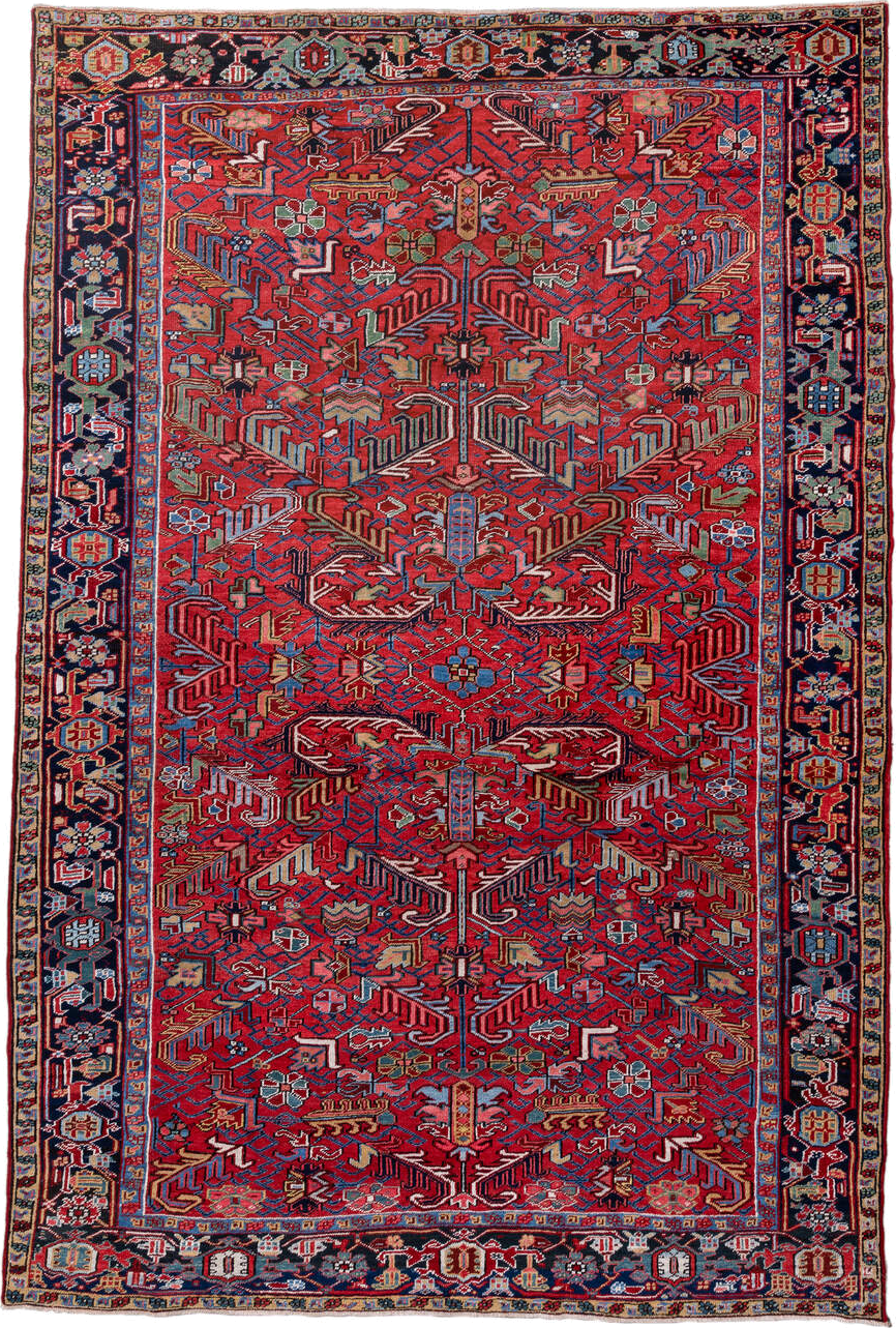 8' x 12' one-of-a-kind handmade vintage Heriz large size rug. Color palette: red, navy, sky blue, ivory, sage, camel, rust
