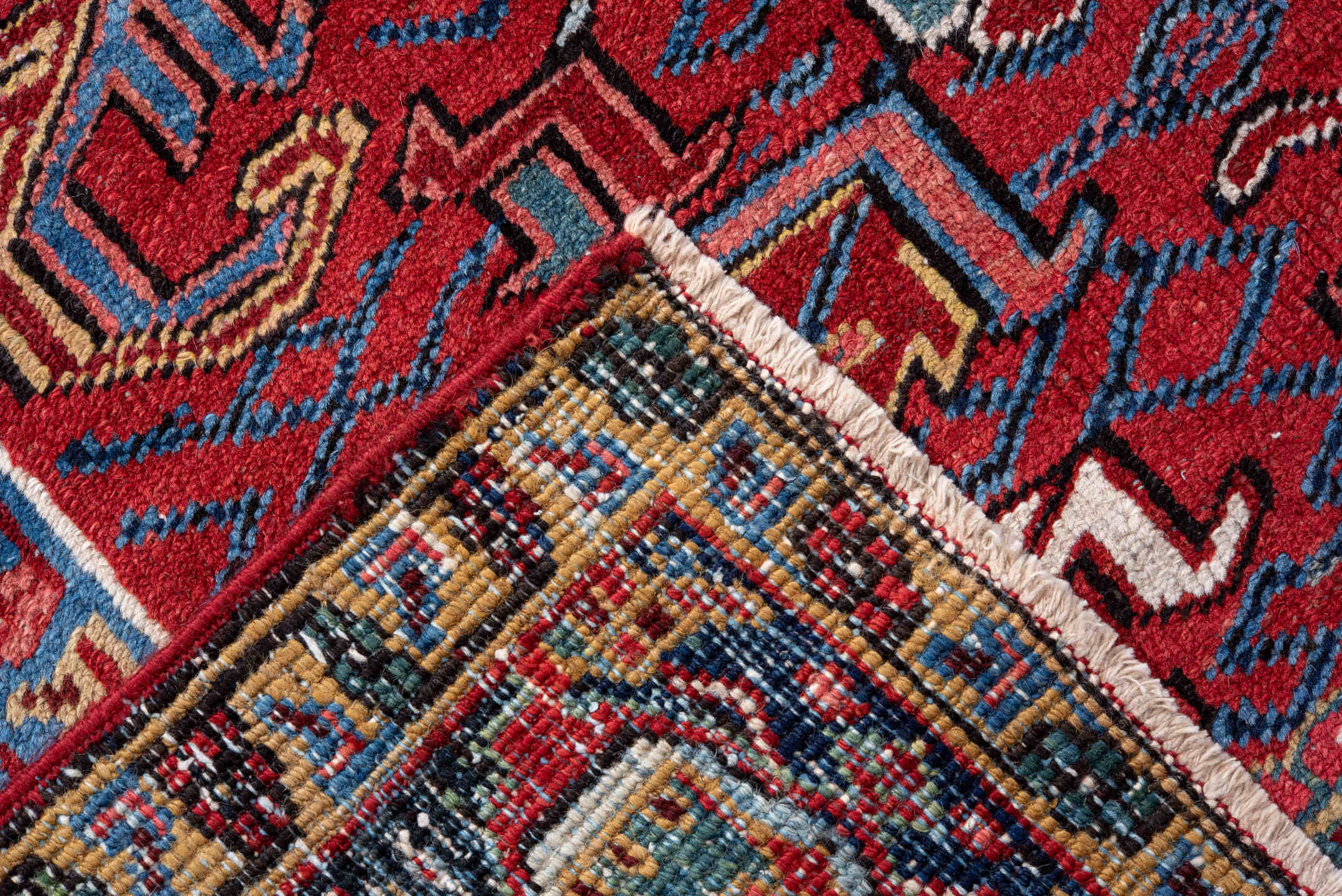 8' x 12' one-of-a-kind handmade vintage Heriz large size rug. Color palette: black, blue, brown, dark gray, gray, light blue