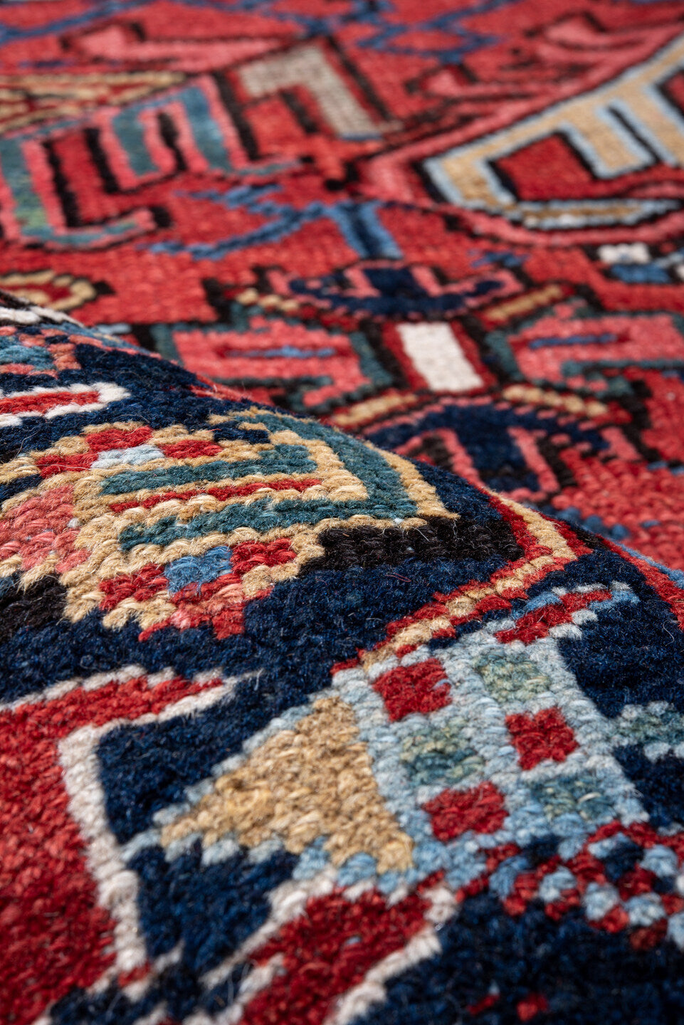 8' x 12' one-of-a-kind handmade vintage Heriz large size rug. Color palette: black, blue, brown, dark gray, gray, light blue