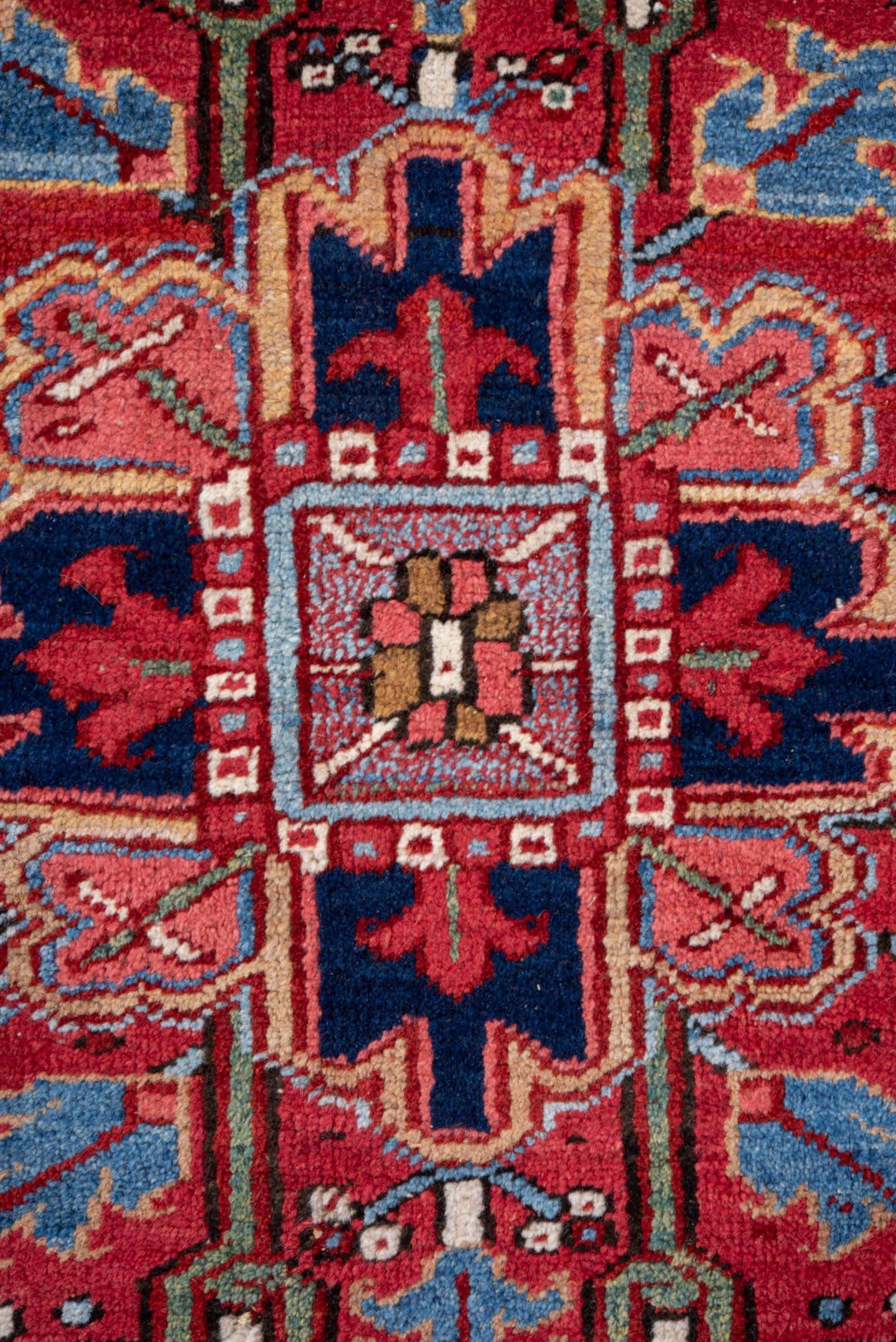 7' x 10' one-of-a-kind handmade vintage Heriz large size rug. Color palette: red, navy, sky blue, ivory, rust, coral, camel