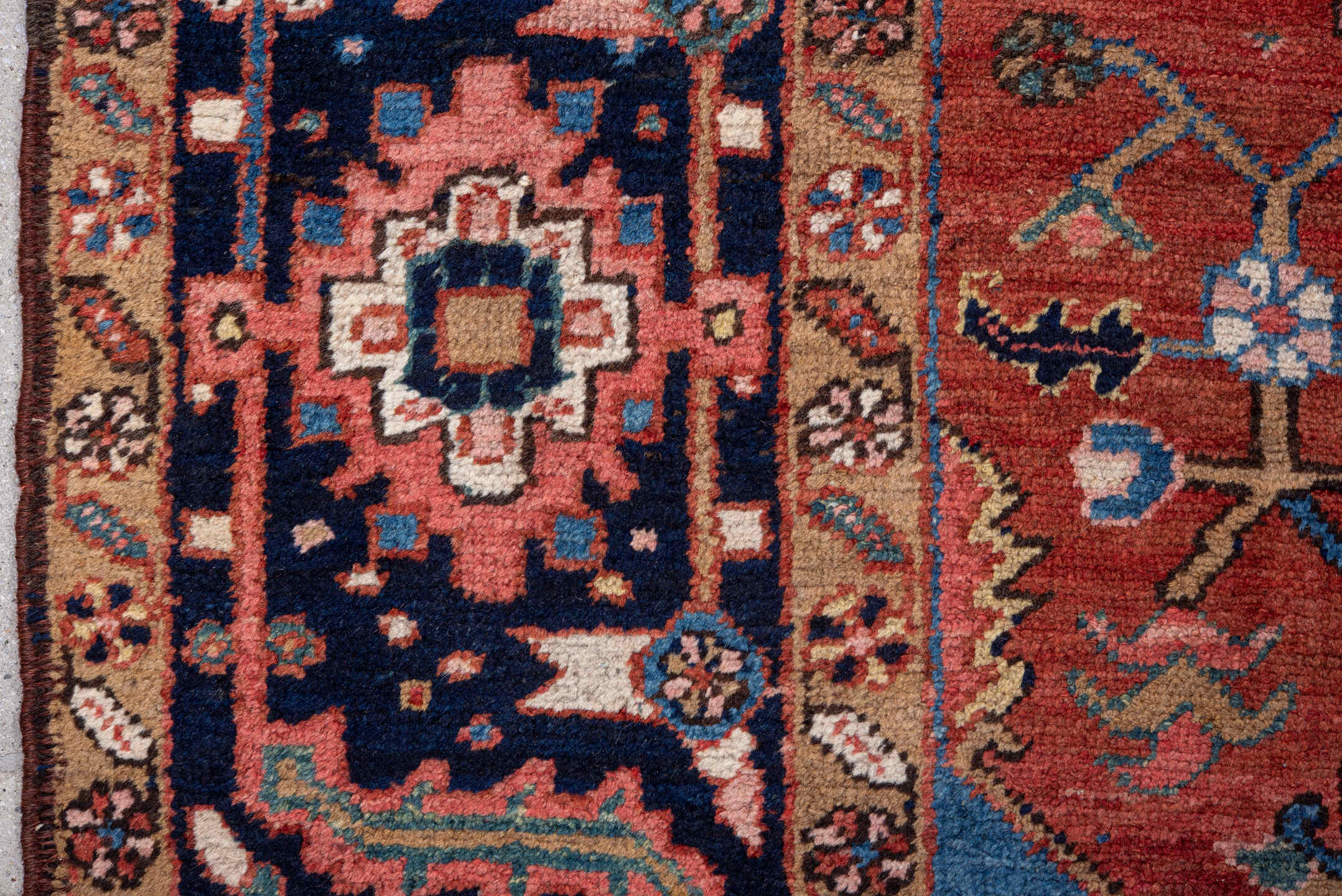 8' x 10' one-of-a-kind handmade vintage Heriz large size rug. Color palette: blue, brown, fiord, gray, light gray, off-white