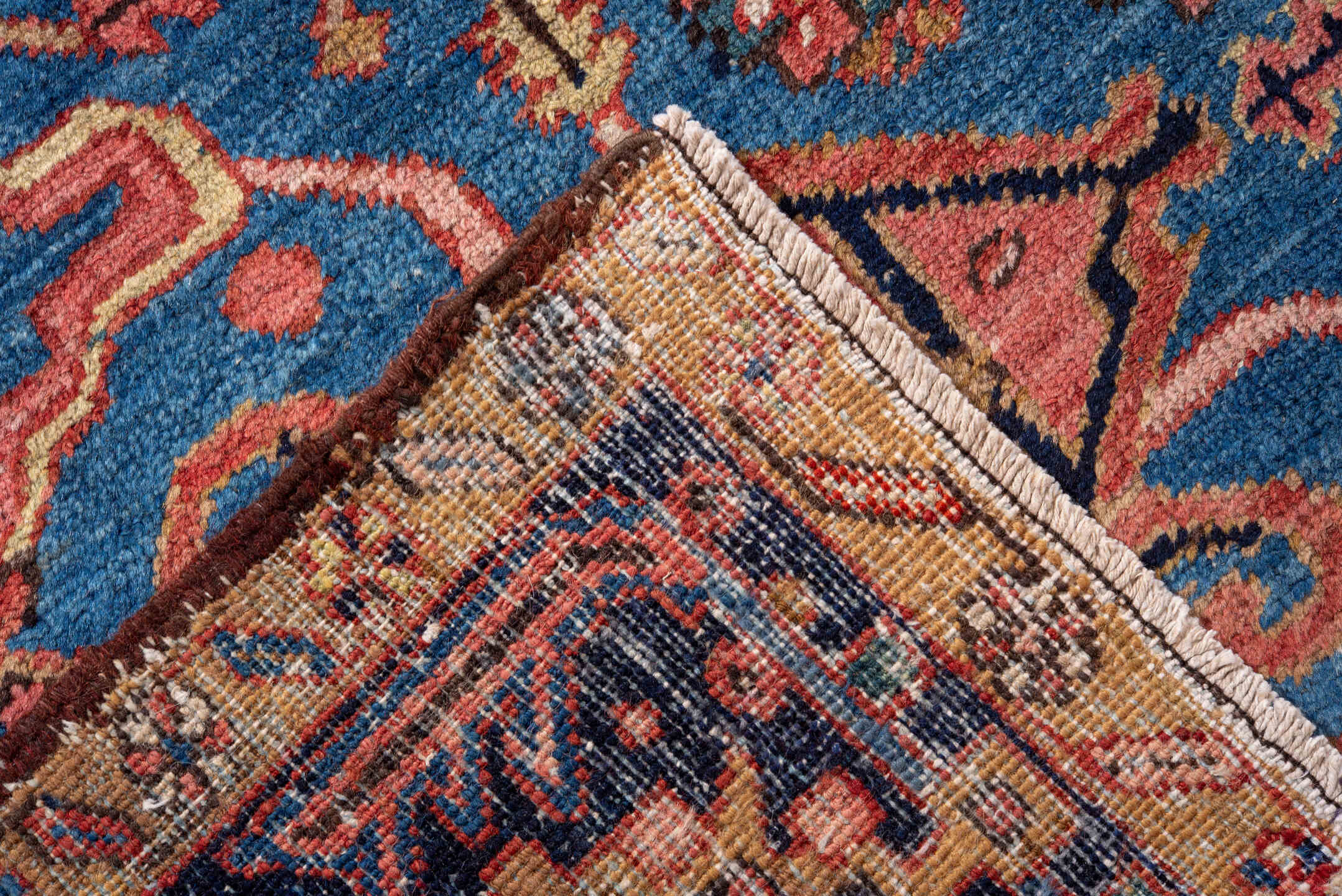 8' x 10' one-of-a-kind handmade vintage Heriz large size rug. Color palette: blue, brown, fiord, gray, light gray, off-white