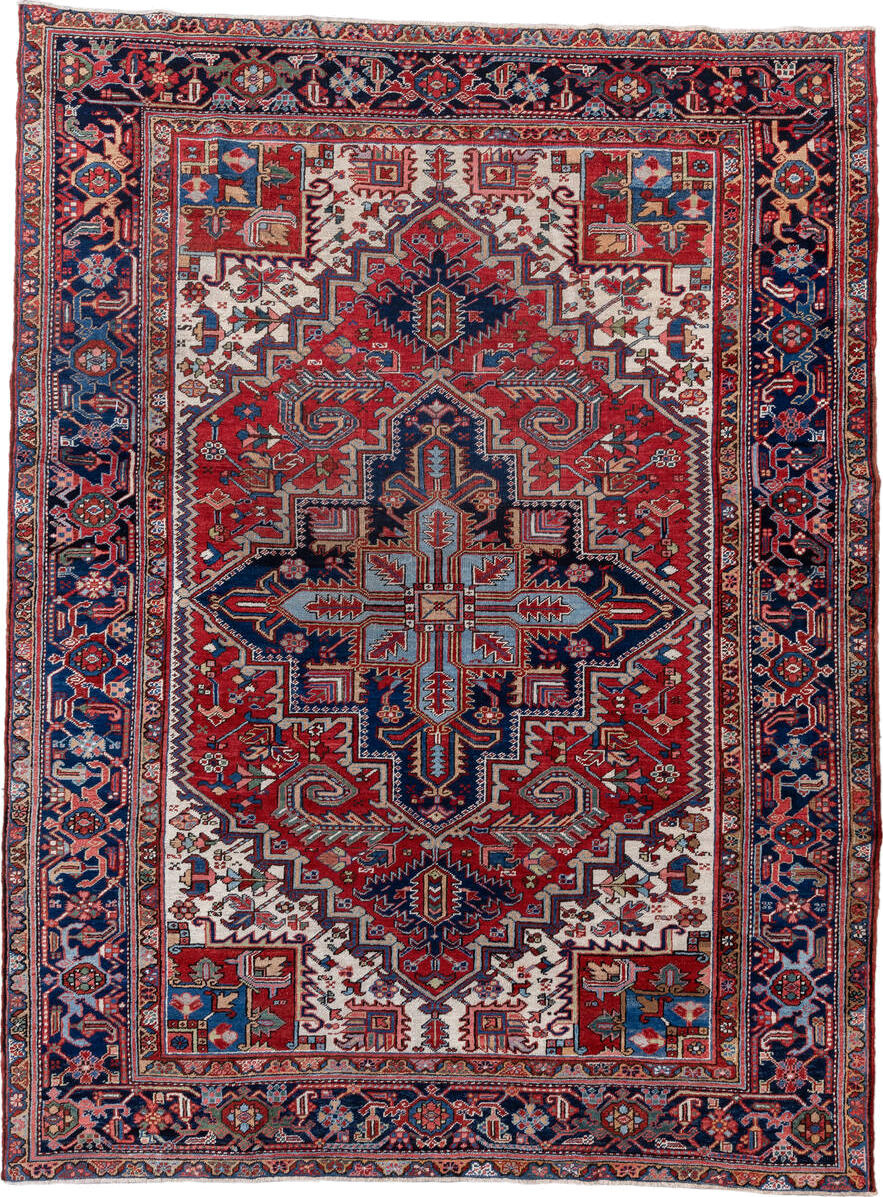 8' x 11' one-of-a-kind handmade vintage Heriz large size rug. Color palette: red, navy, ivory, sky blue, rust, camel, rose