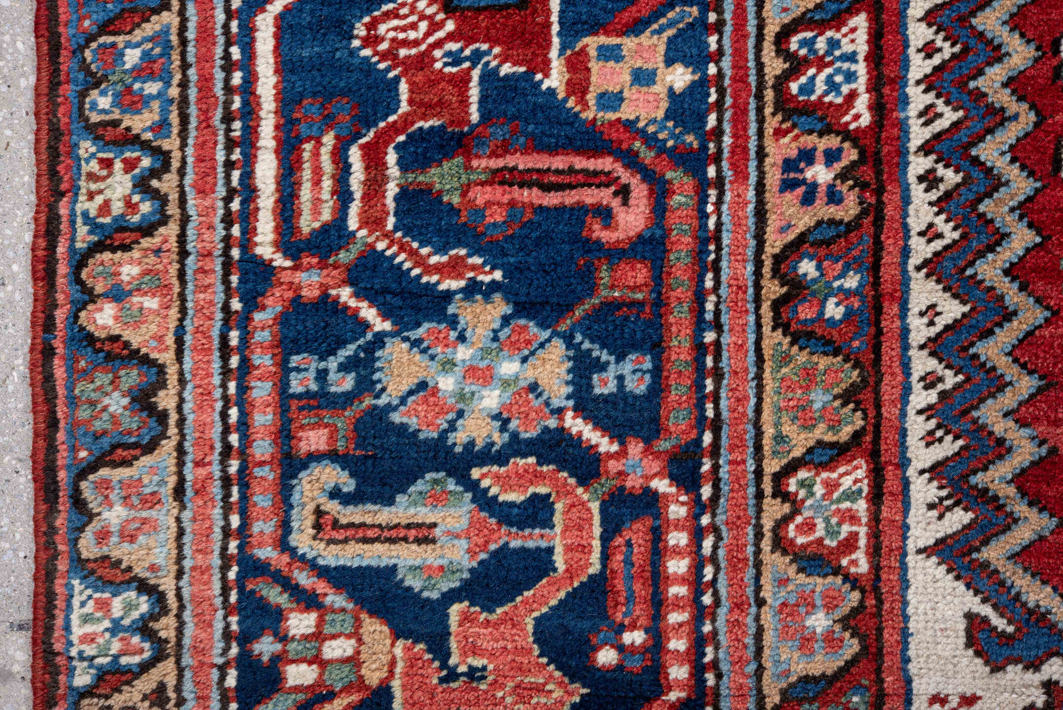 8' x 11' one-of-a-kind handmade vintage Heriz large size rug. Color palette: blue, brown, fiord, gainsboro, gray, light blue