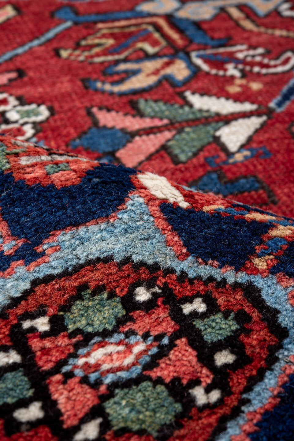 8' x 11' one-of-a-kind handmade vintage Heriz large size rug. Color palette: blue, brown, fiord, gainsboro, gray, light blue