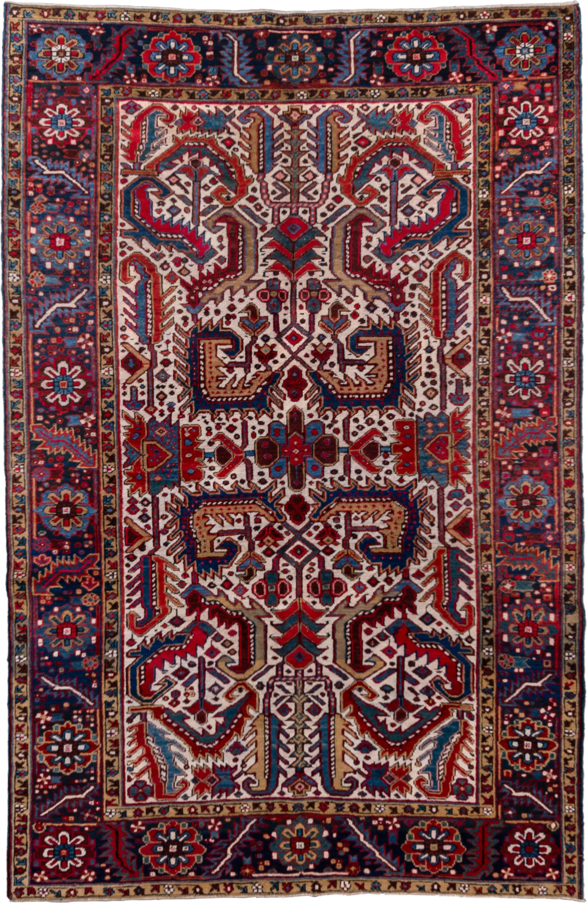 5' x 9' one-of-a-kind handmade vintage Heriz medium size rug. Color palette: ivory, navy, crimson, sky blue, camel, rust