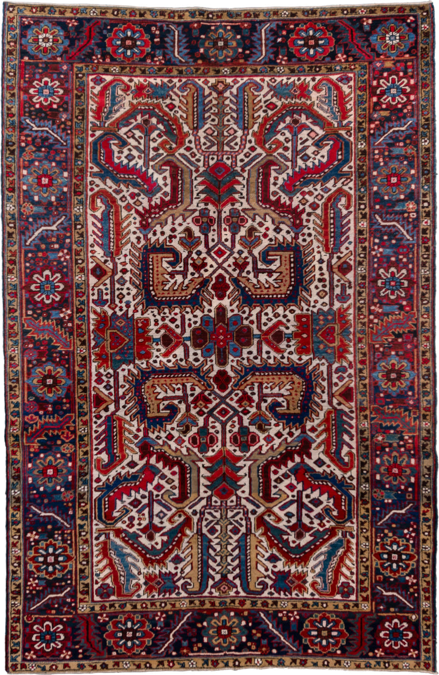 5' x 9' one-of-a-kind handmade vintage Heriz medium size rug. Color palette: ivory, navy, crimson, sky blue, camel, rust