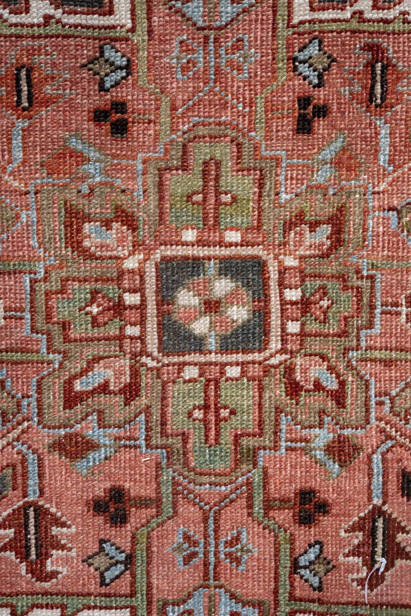 9' x 12' one-of-a-kind handmade vintage Heriz large size rug. Color palette: rust, charcoal, ivory, rose, sky blue, sage