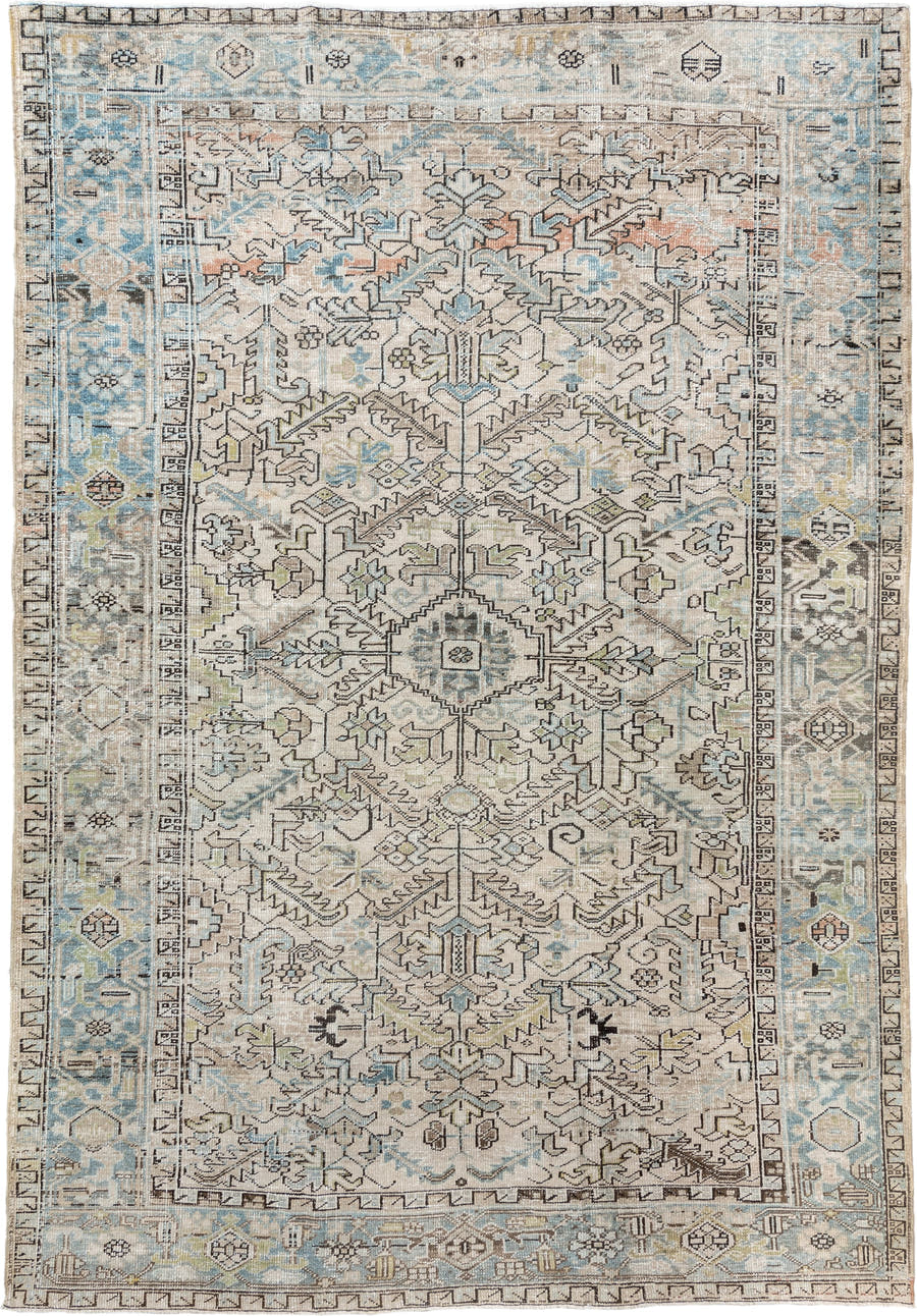 7' x 10' one-of-a-kind handmade vintage Heriz large size rug. Color palette: ivory, sky blue, taupe, charcoal, blush