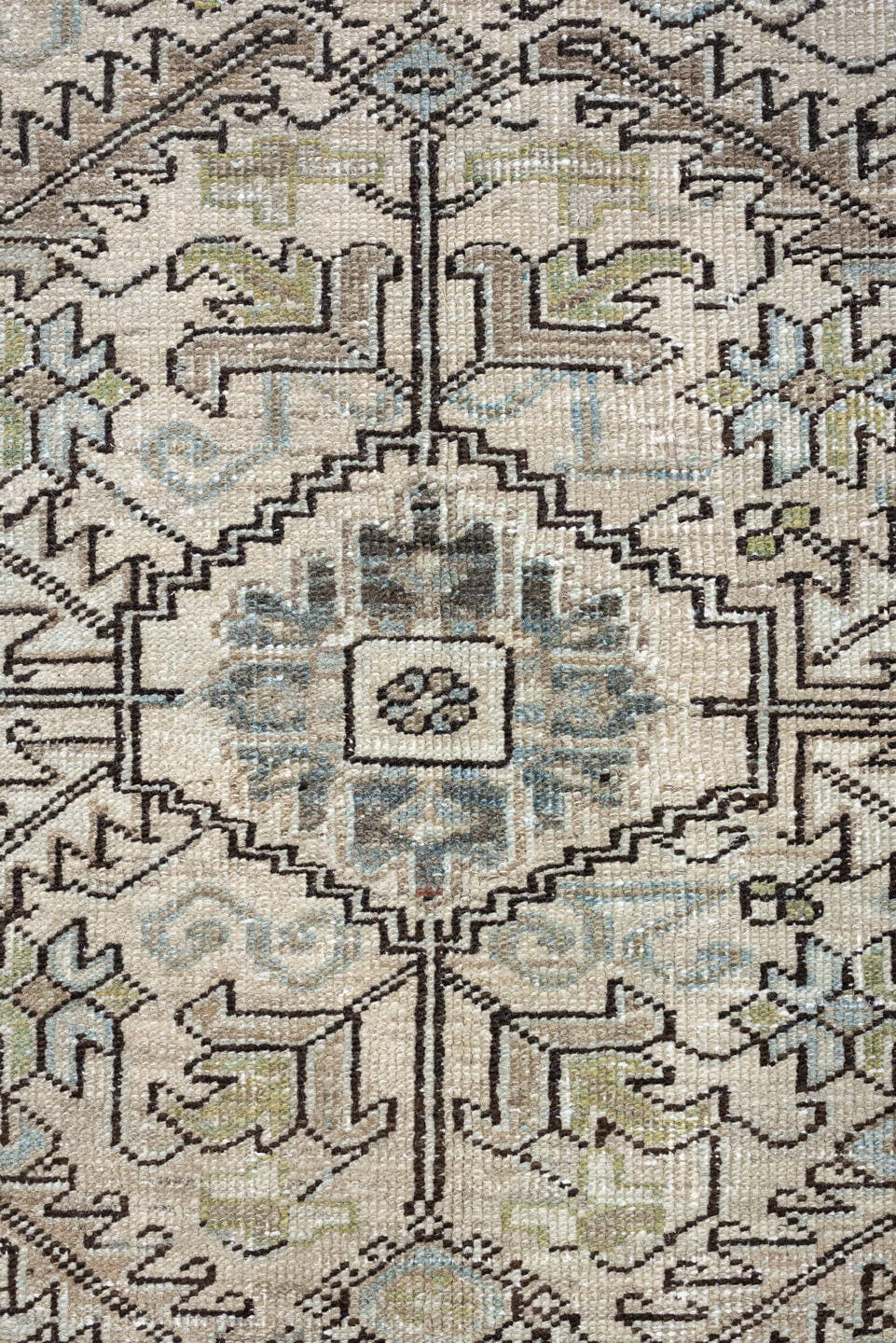 7' x 10' one-of-a-kind handmade vintage Heriz large size rug. Color palette: ivory, sky blue, taupe, charcoal, blush