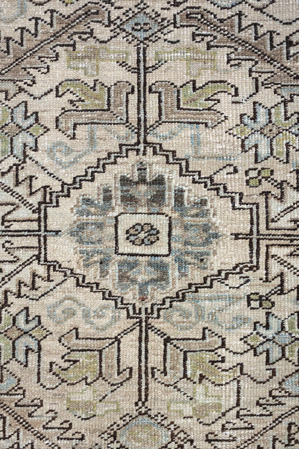 7' x 10' one-of-a-kind handmade vintage Heriz large size rug. Color palette: ivory, sky blue, taupe, charcoal, blush