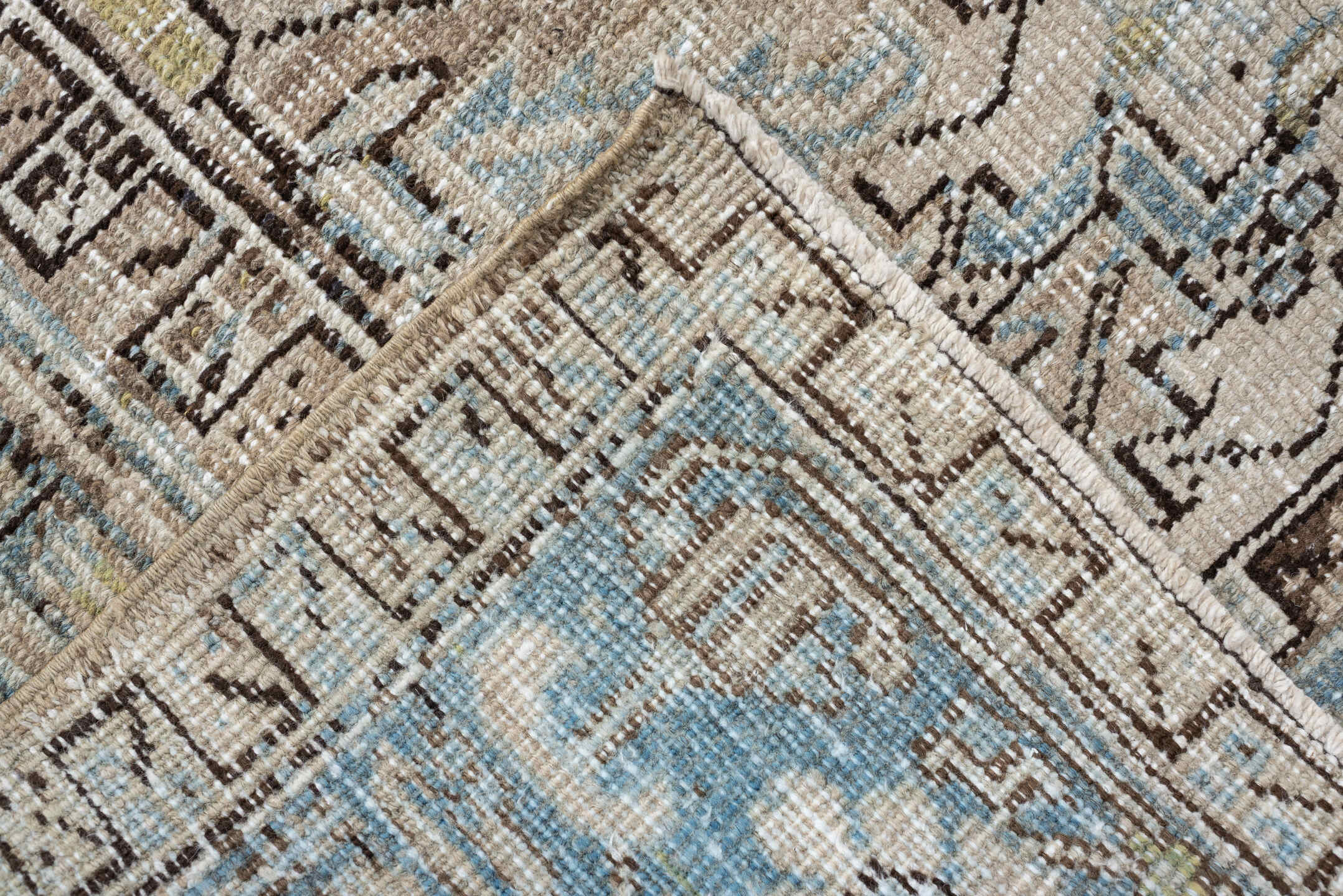 7' x 10' one-of-a-kind handmade vintage Heriz large size rug. Color palette: ivory, sky blue, taupe, charcoal, blush