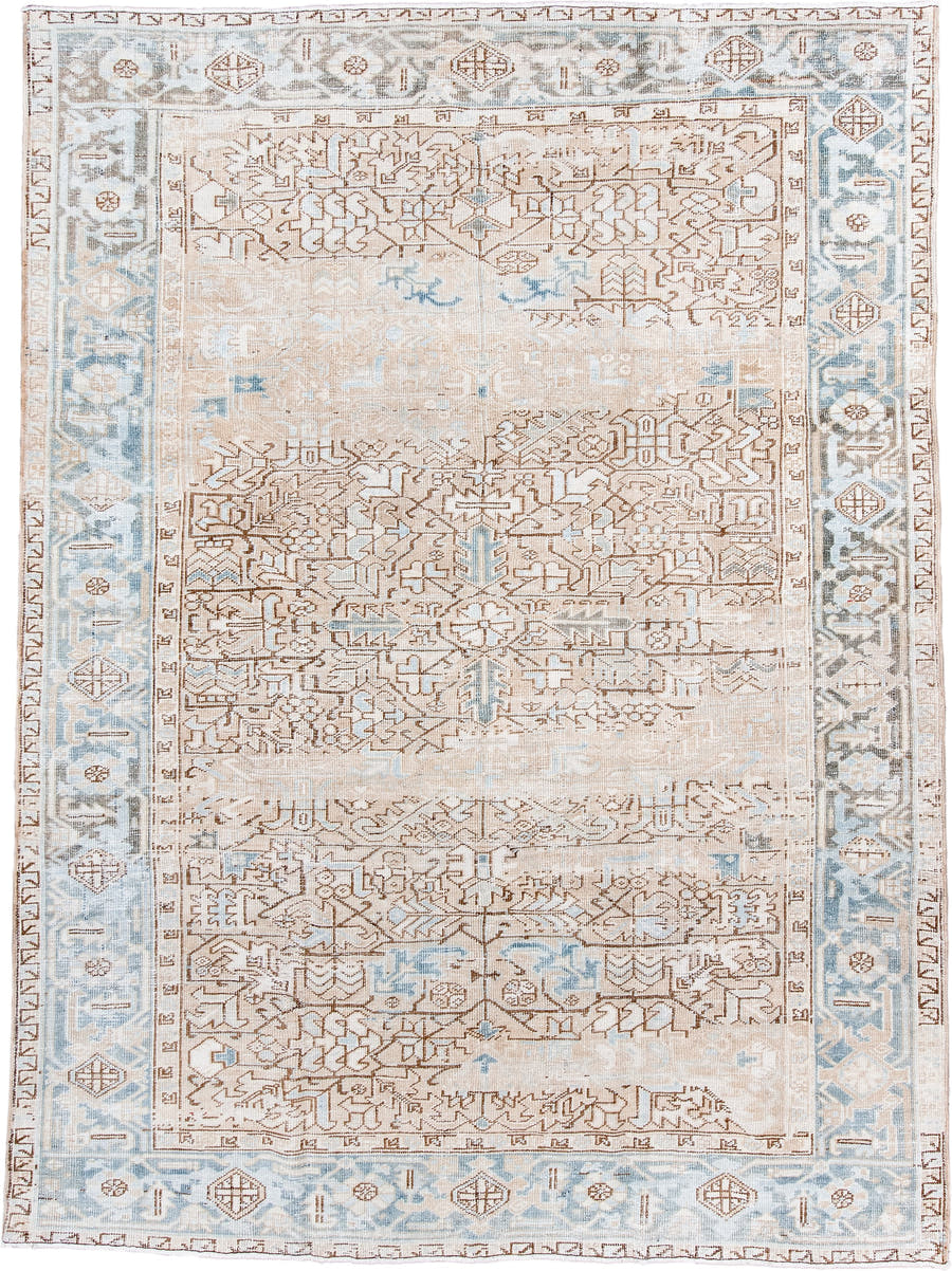 7' x 10' one-of-a-kind handmade antique Heriz large size rug. Color palette: ivory, pale blue, camel, light brown, taupe