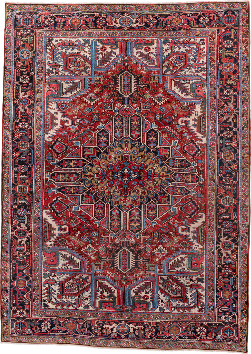 7' x 10' one-of-a-kind handmade vintage Heriz large size rug. Color palette: rust, navy, ivory, sky blue, camel, crimson