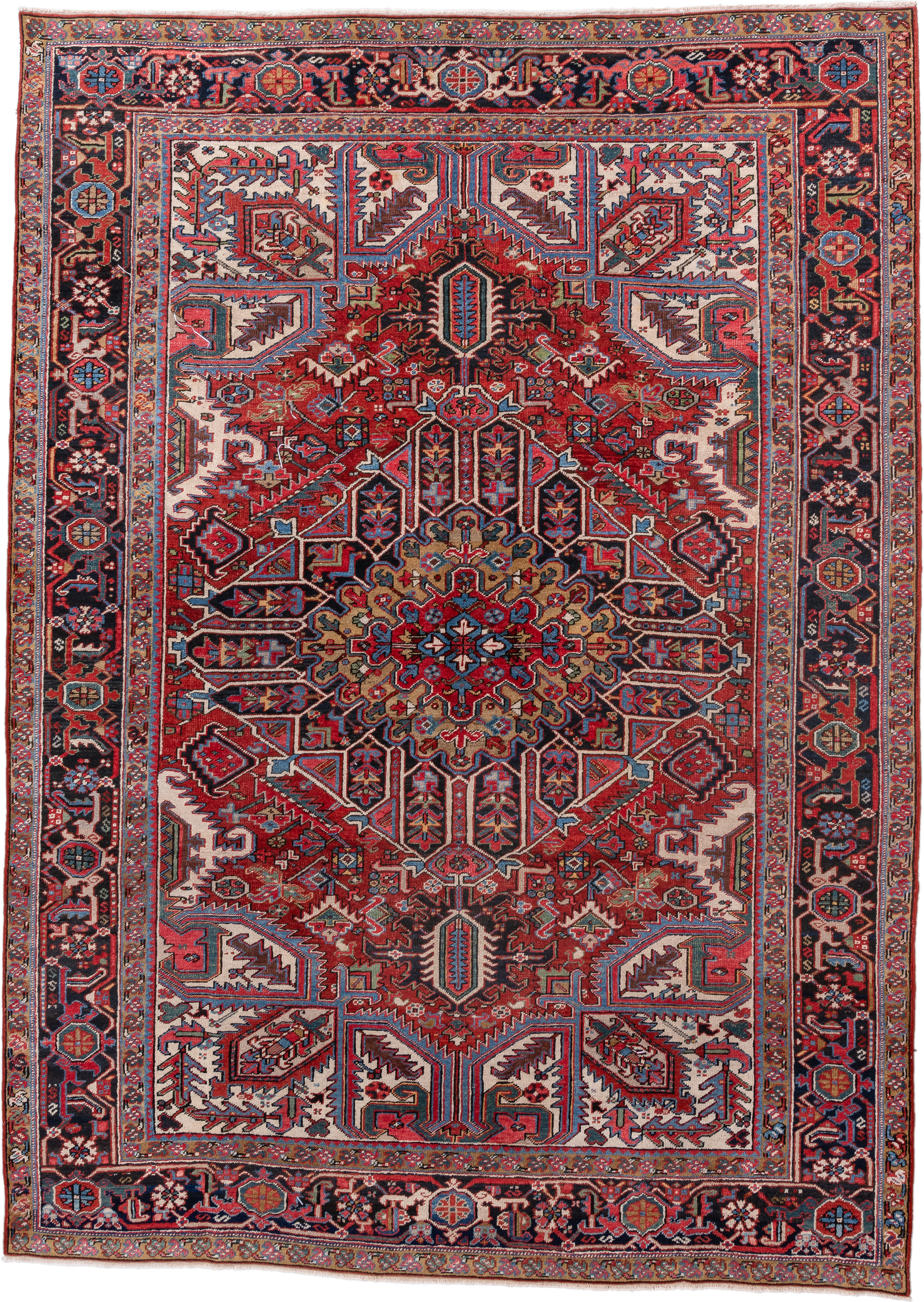 7' x 10' one-of-a-kind handmade vintage Heriz large size rug. Color palette: rust, navy, ivory, sky blue, camel, crimson