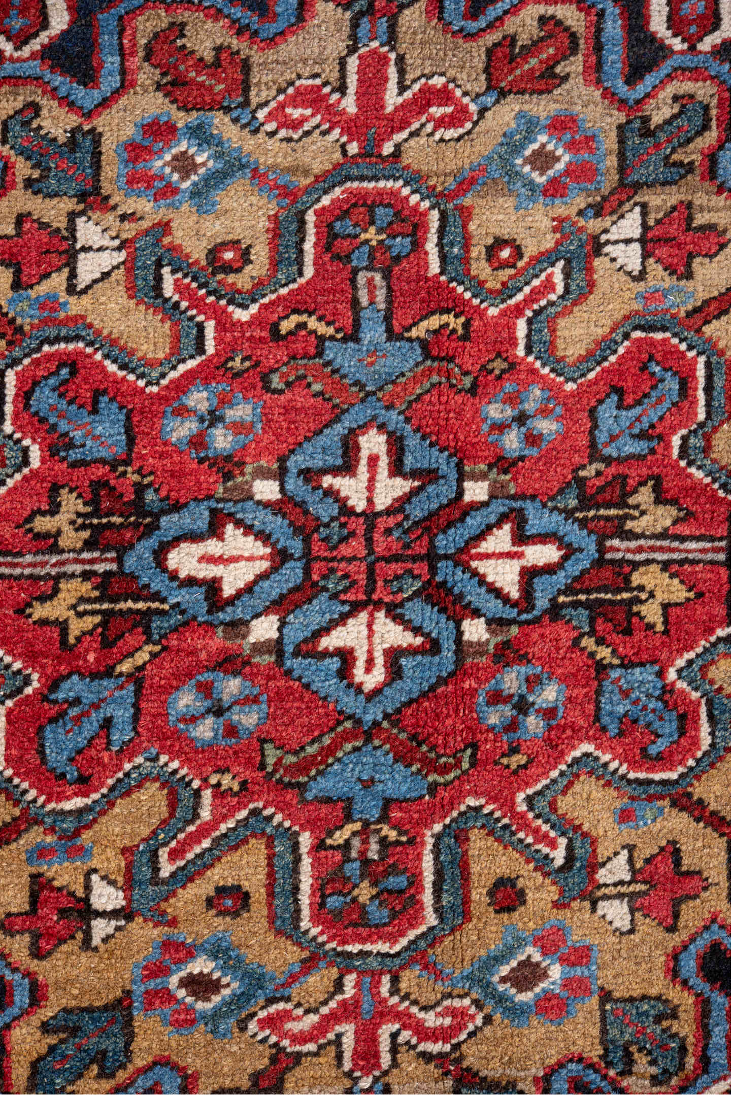 7' x 10' one-of-a-kind handmade vintage Heriz large size rug. Color palette: rust, navy, ivory, sky blue, camel, crimson