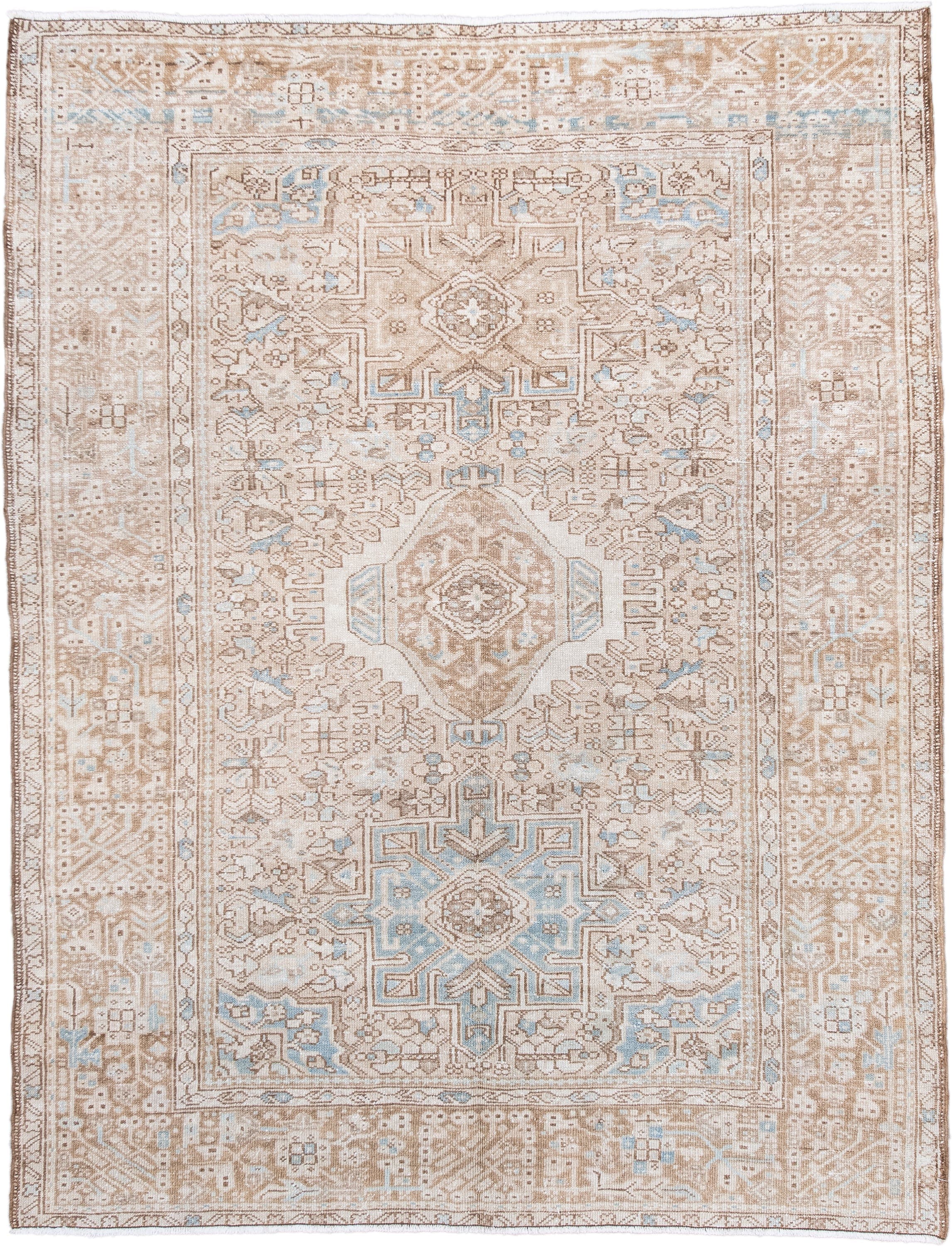 4' x 6' one-of-a-kind handmade antique Karaje rug. Color palette: camel, ivory, sky blue, taupe, beige, light blue, gray
