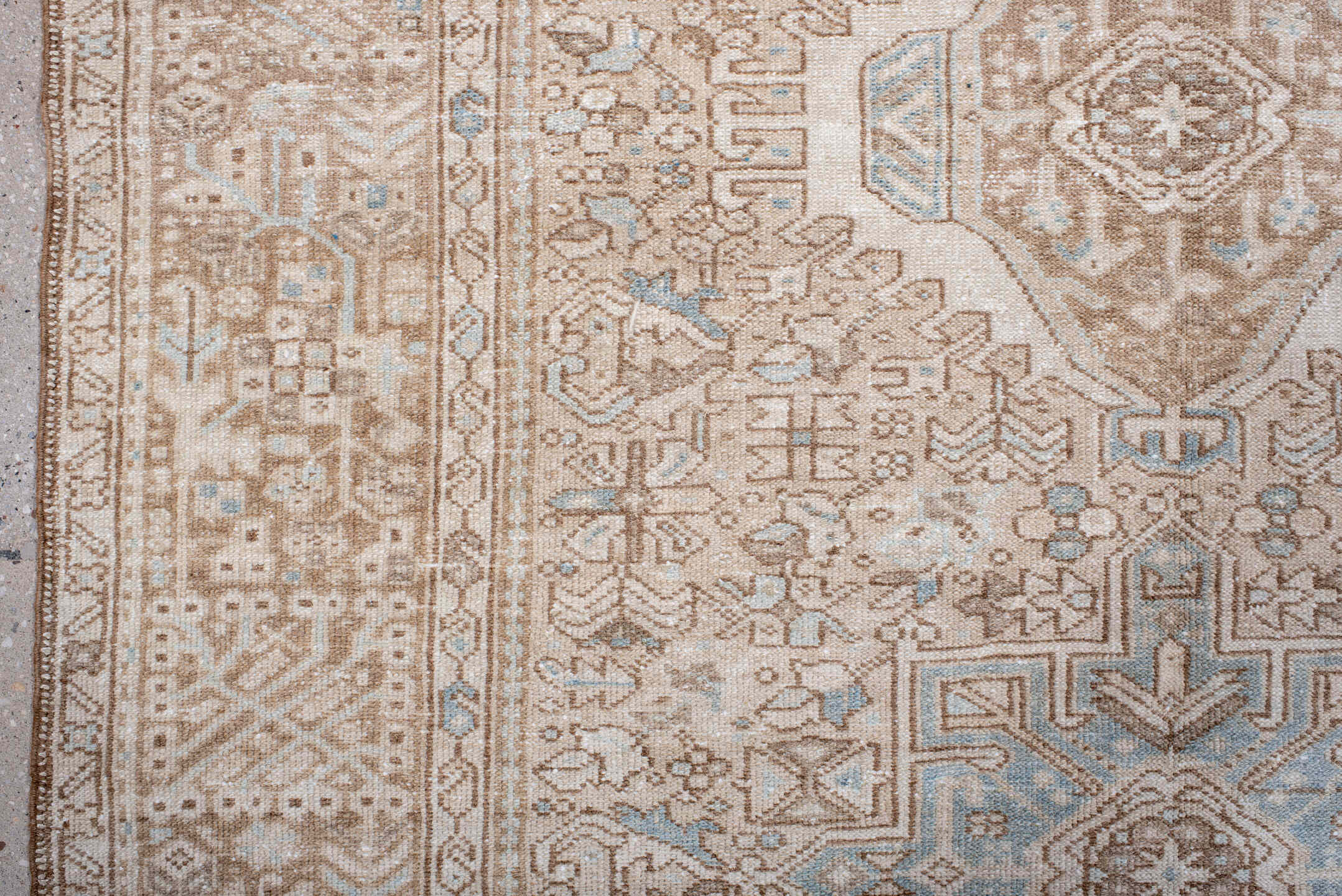 4' x 6' one-of-a-kind handmade antique Karaje rug. Color palette: camel, ivory, sky blue, taupe, beige, light blue, gray