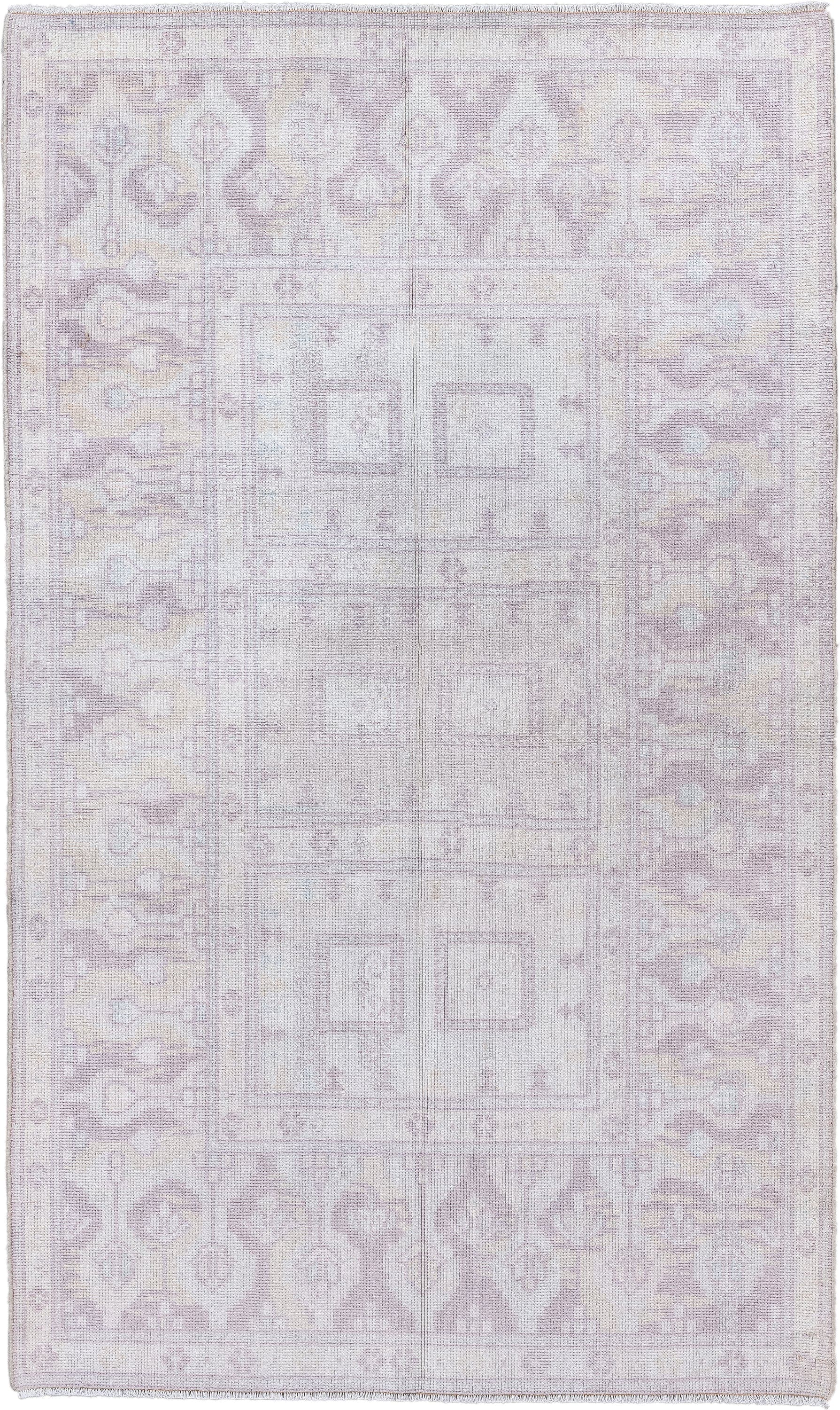3' x 6' one-of-a-kind handmade vintage European small size rug. Color palette: ivory, blush, pale taupe, cream, dusty rose