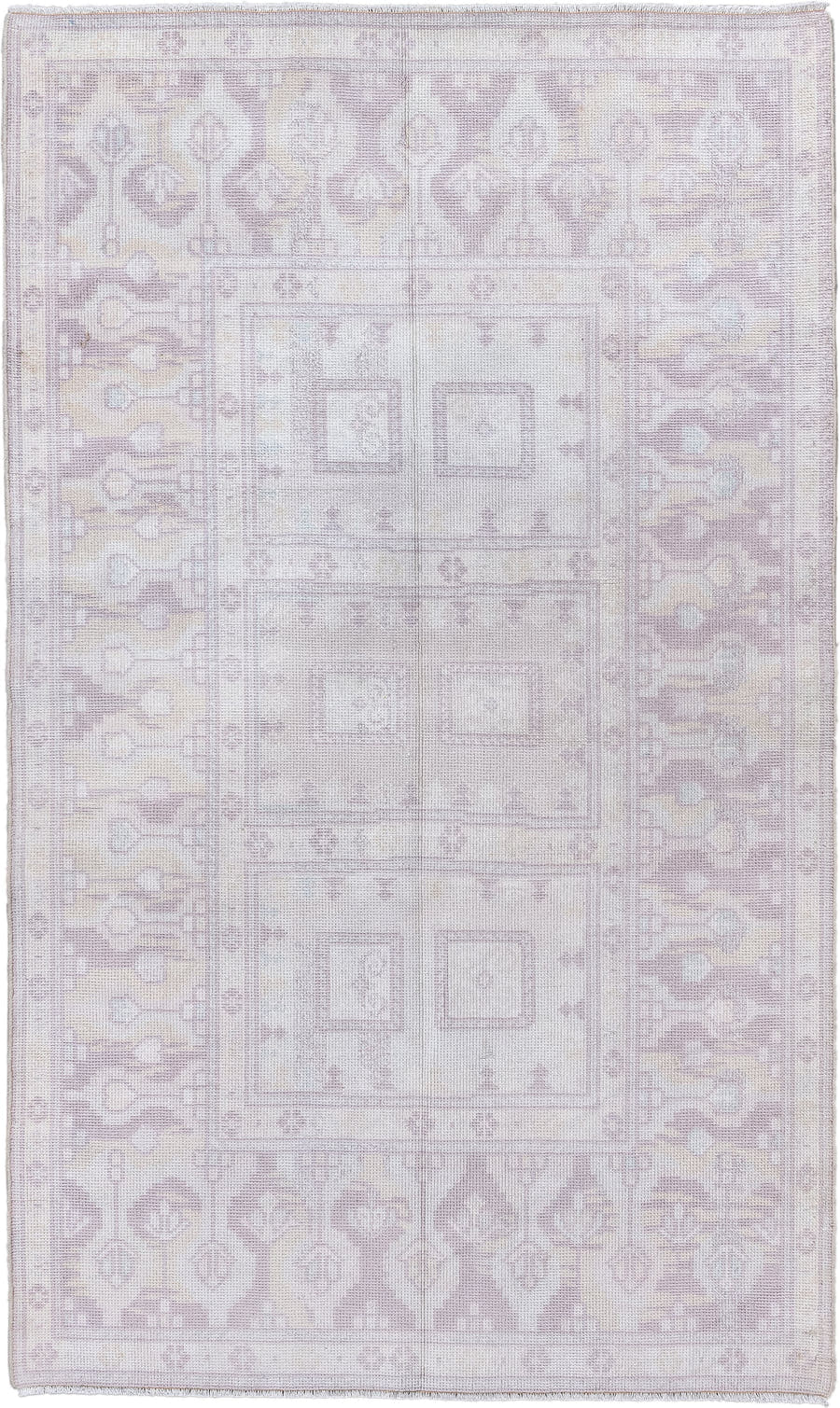 3' x 6' one-of-a-kind handmade vintage European small size rug. Color palette: ivory, blush, pale taupe, cream, dusty rose