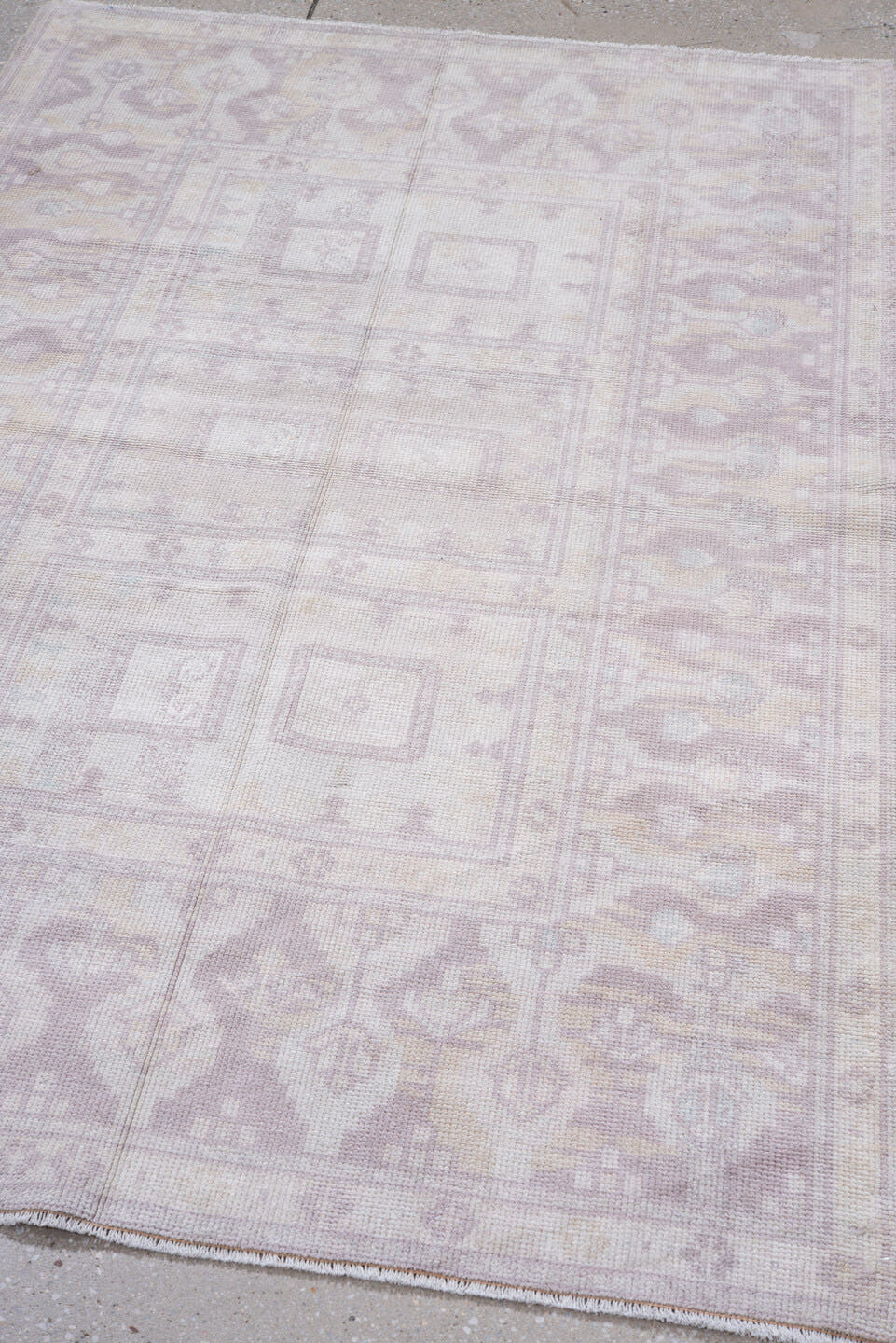 3' x 6' one-of-a-kind handmade vintage European small size rug. Color palette: ivory, blush, pale taupe, cream, dusty rose
