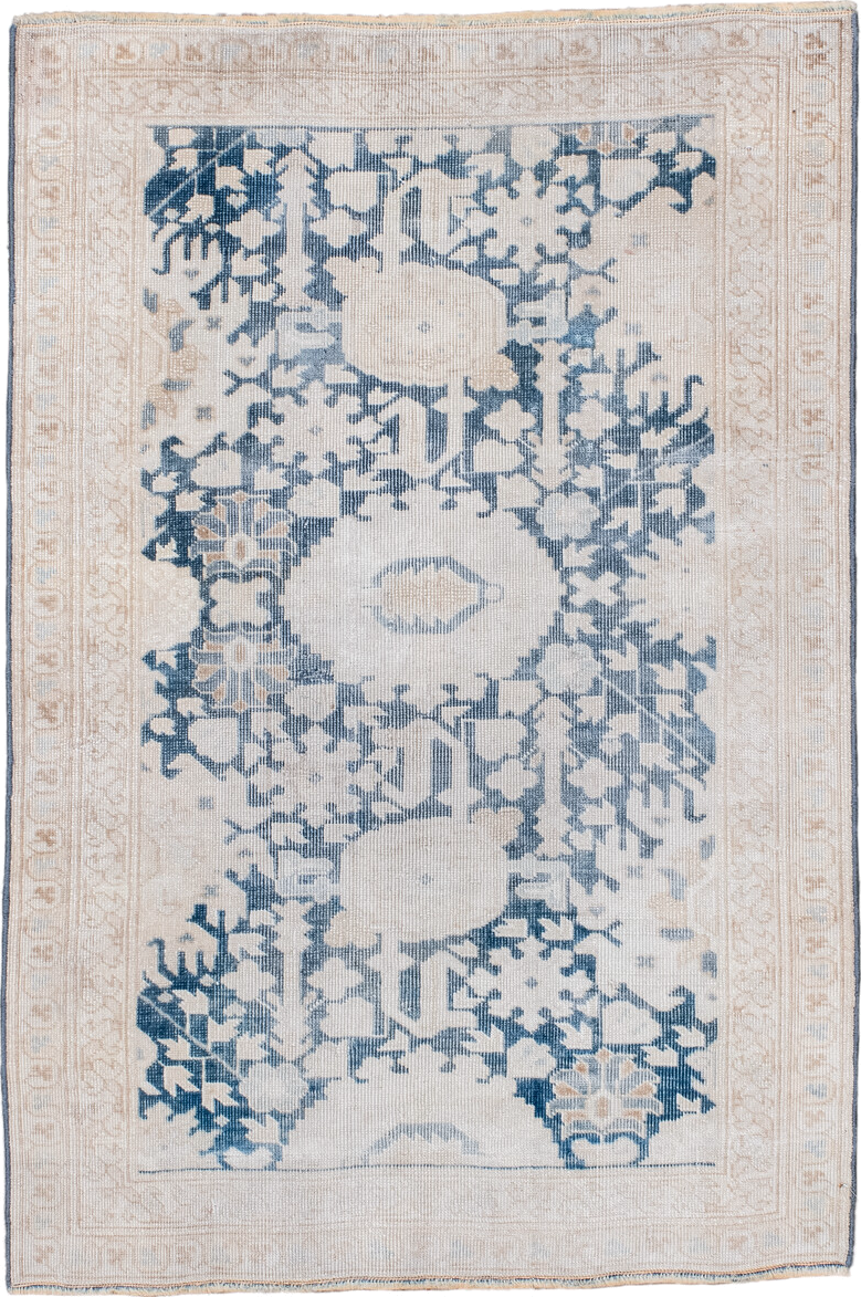 2' x 3' one-of-a-kind handmade antique Sivas small size rug. Color palette: ivory, pale blue, beige, taupe, camel