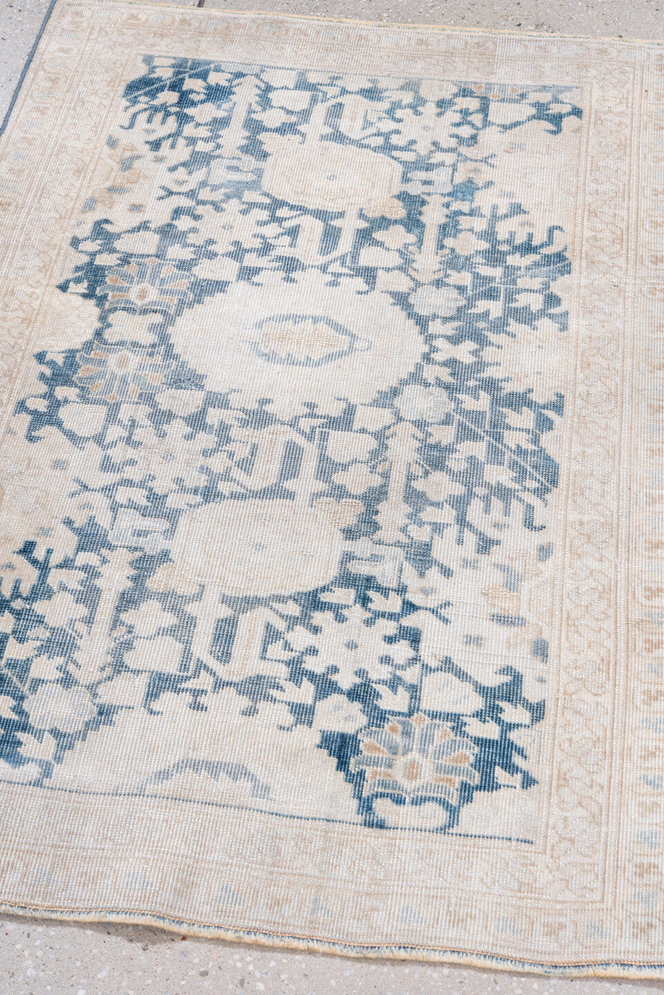 2' x 3' one-of-a-kind handmade antique Sivas small size rug. Color palette: ivory, pale blue, beige, taupe, camel