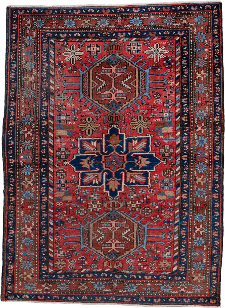 3' x 4' one-of-a-kind handmade vintage Heriz small size rug. Color palette: rust, navy, sky_blue, camel, ivory, rose, brown