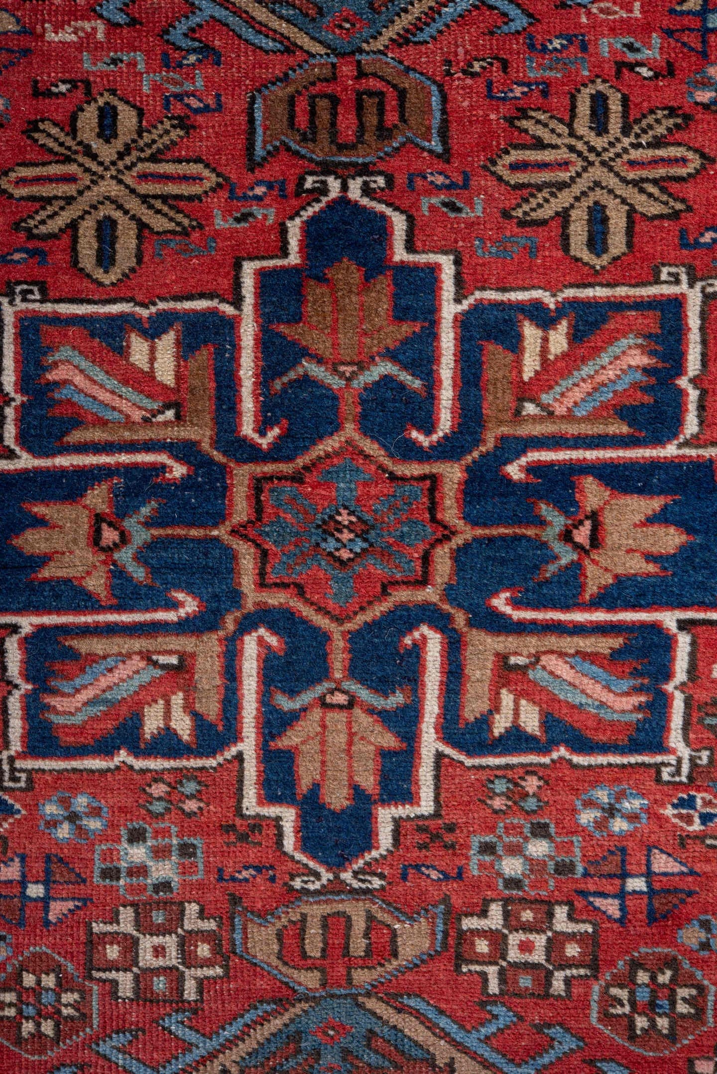 3' x 4' one-of-a-kind handmade vintage Heriz small size rug. Color palette: rust, navy, sky_blue, camel, ivory, rose, brown