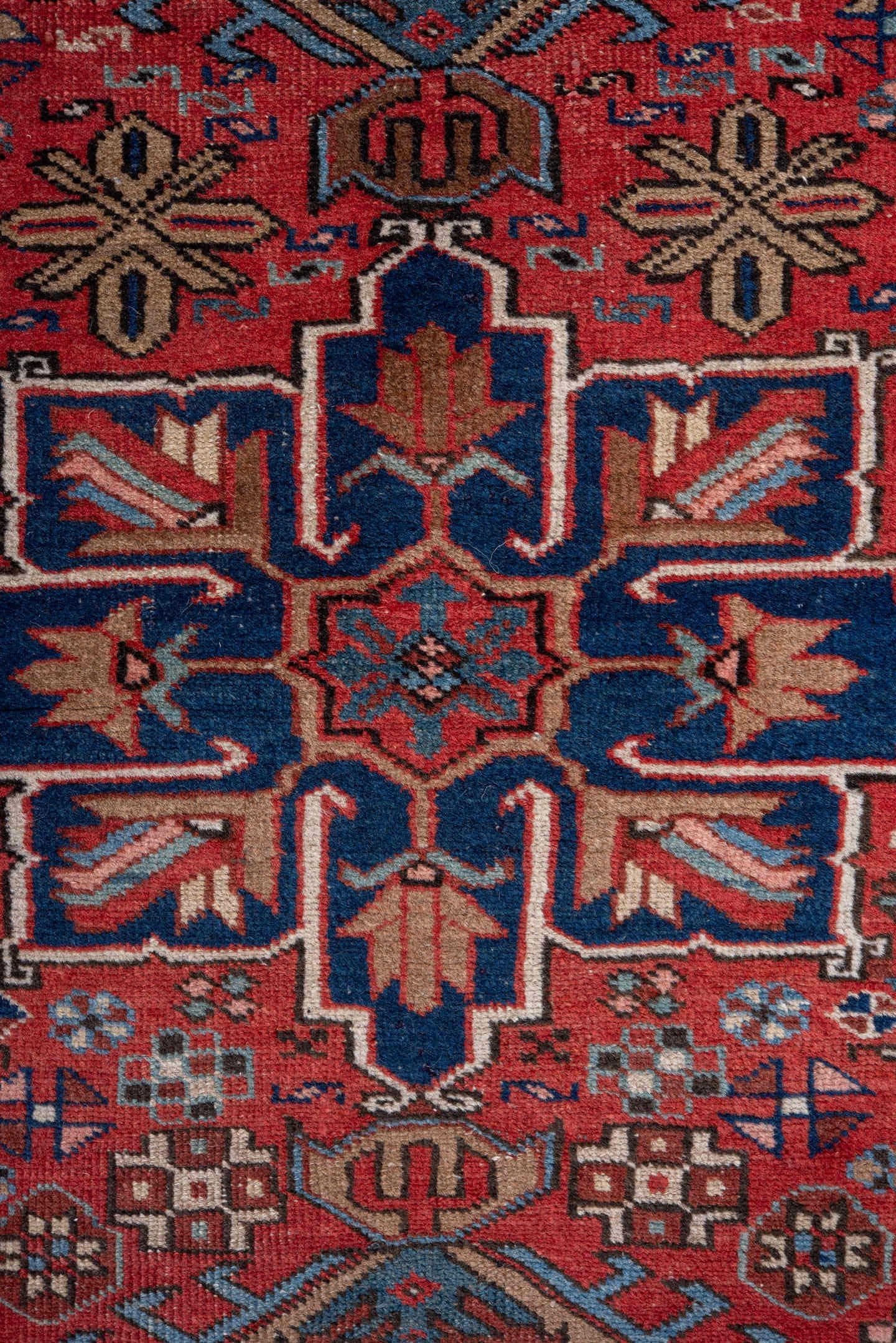 3' x 4' one-of-a-kind handmade vintage Heriz small size rug. Color palette: rust, navy, sky_blue, camel, ivory, rose, brown
