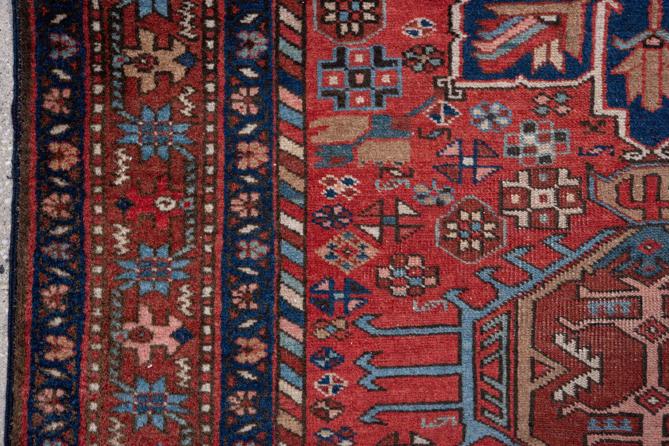 3' x 4' one-of-a-kind handmade vintage Heriz small size rug. Color palette: rust, navy, sky_blue, camel, ivory, rose, brown