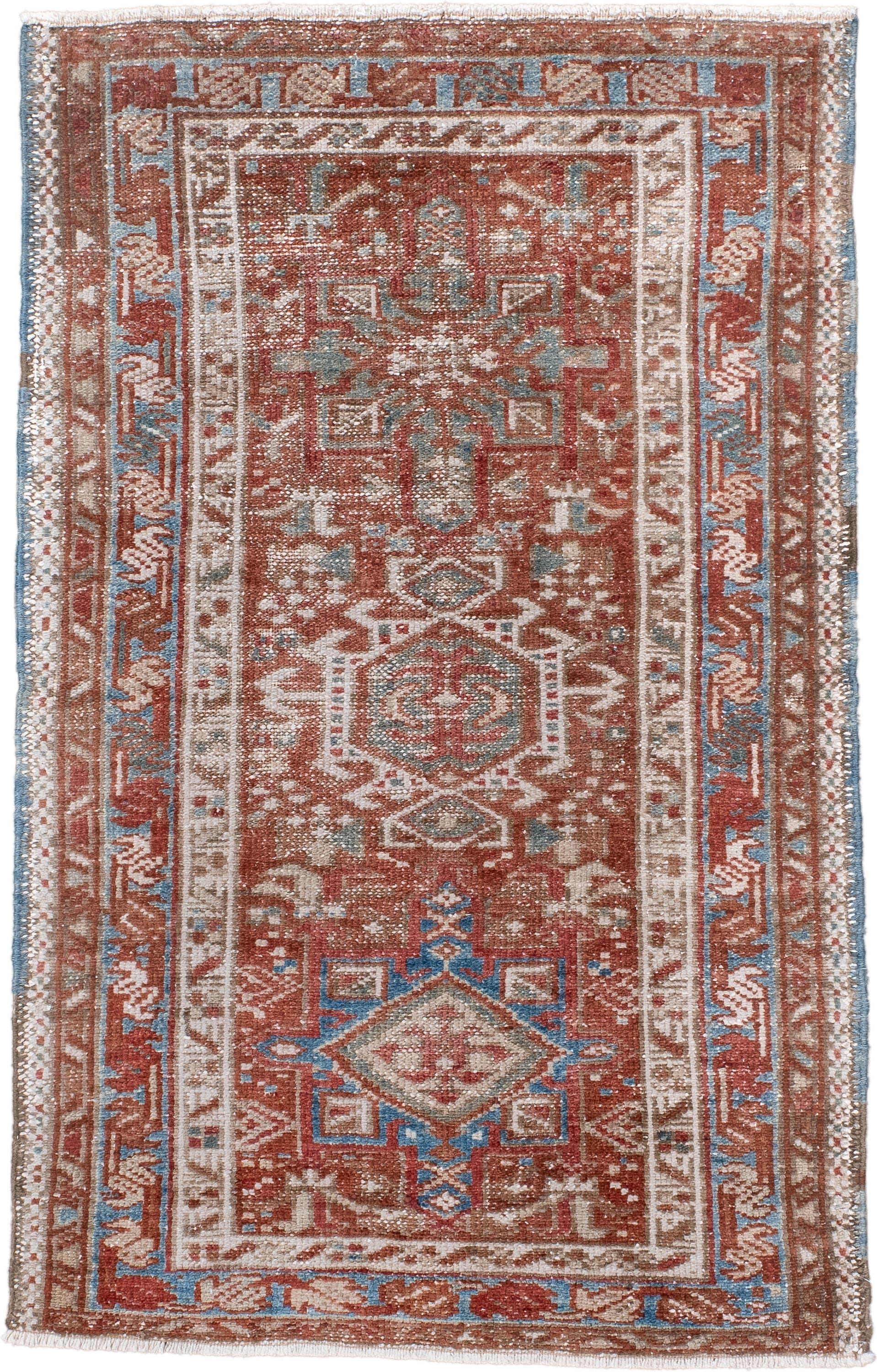 2' x 3' one-of-a-kind handmade antique Karaje small size rug. Color palette: rust, ivory, sky blue, taupe, brown, terracotta