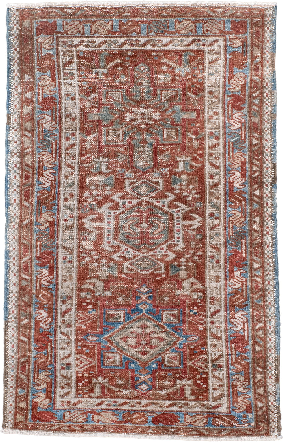 2' x 3' one-of-a-kind handmade antique Karaje small size rug. Color palette: rust, ivory, sky blue, taupe, brown, terracotta