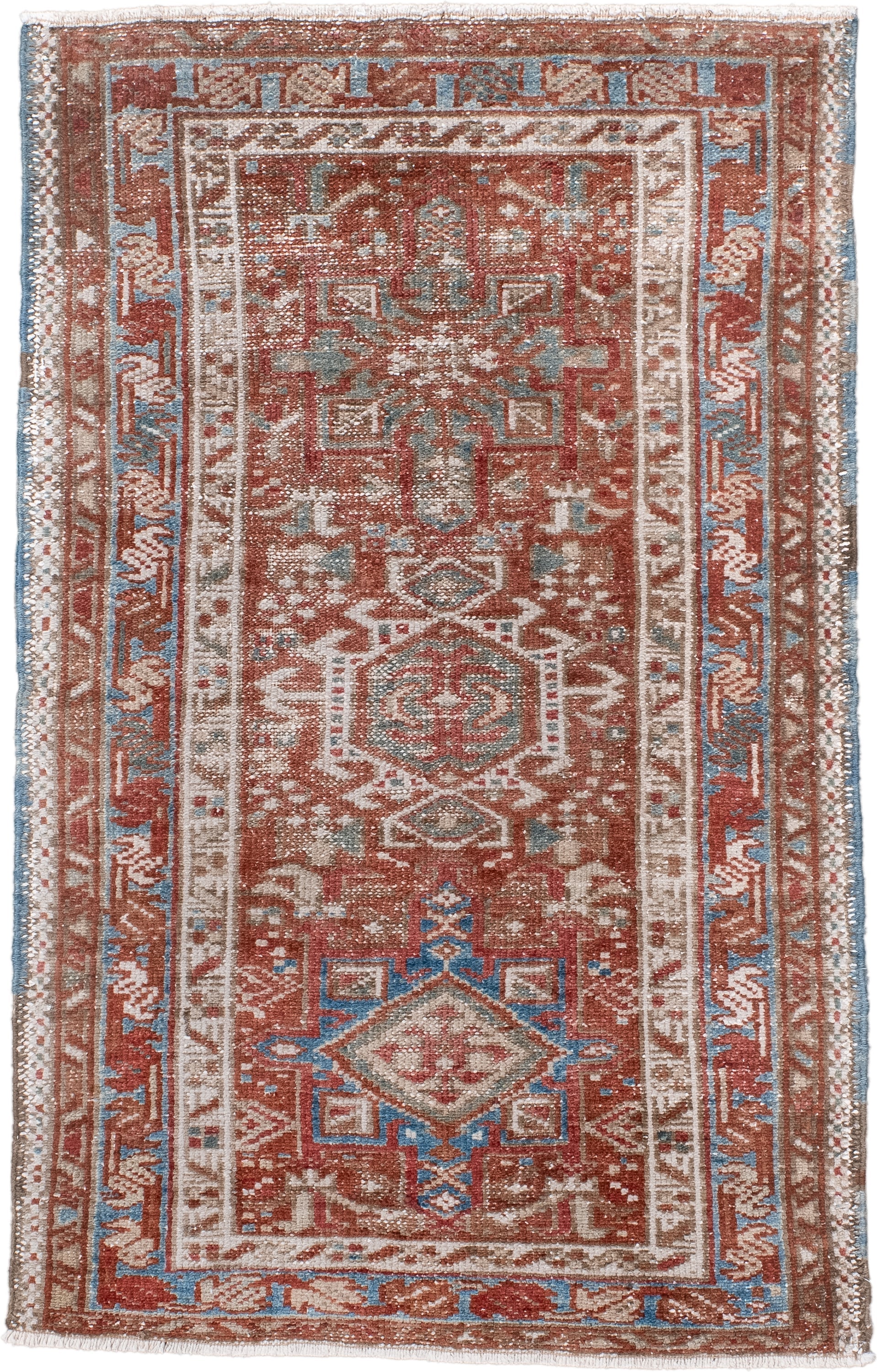 2' x 3' one-of-a-kind handmade antique Karaje small size rug. Color palette: rust, ivory, sky blue, taupe, brown, terracotta