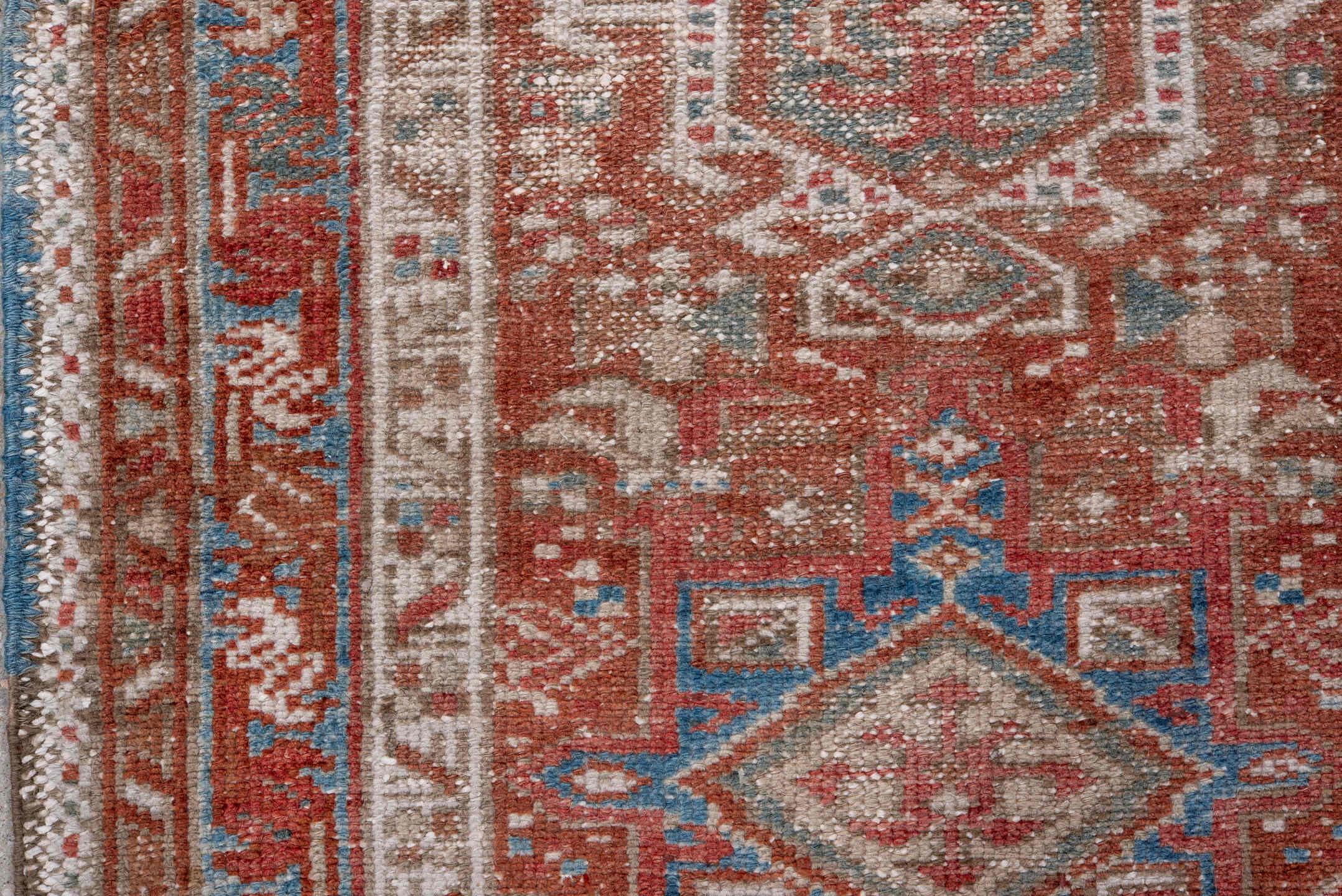 2' x 3' one-of-a-kind handmade antique Karaje small size rug. Color palette: rust, ivory, sky blue, taupe, brown, terracotta