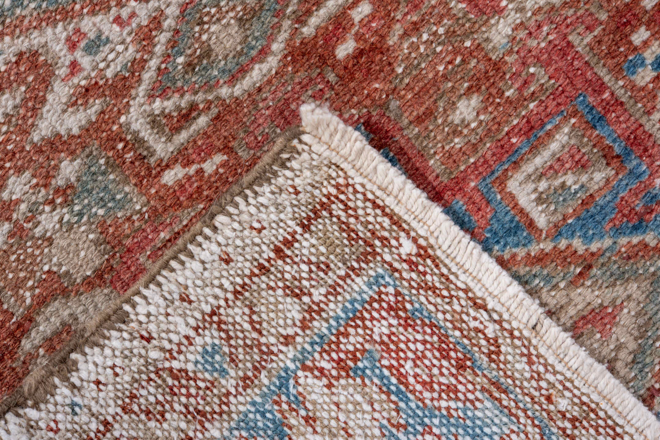 2' x 3' one-of-a-kind handmade antique Karaje small size rug. Color palette: rust, ivory, sky blue, taupe, brown, terracotta