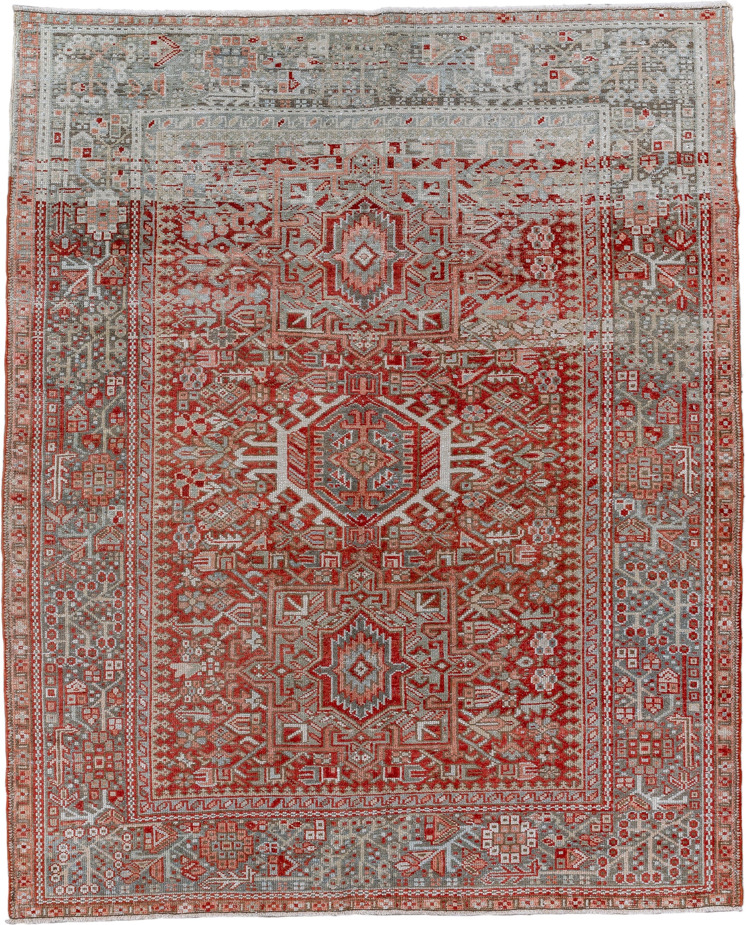 5' x 6' one-of-a-kind handmade vintage Karaje rug. Color palette: gray, rust, ivory, brick, taupe, terracotta, brown, red