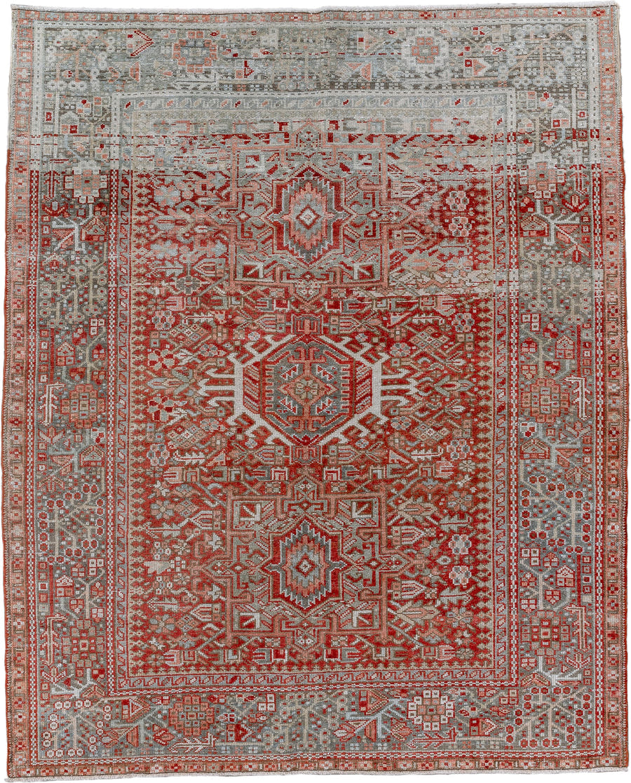 5' x 6' one-of-a-kind handmade vintage Karaje rug. Color palette: gray, rust, ivory, brick, taupe, terracotta, brown, red