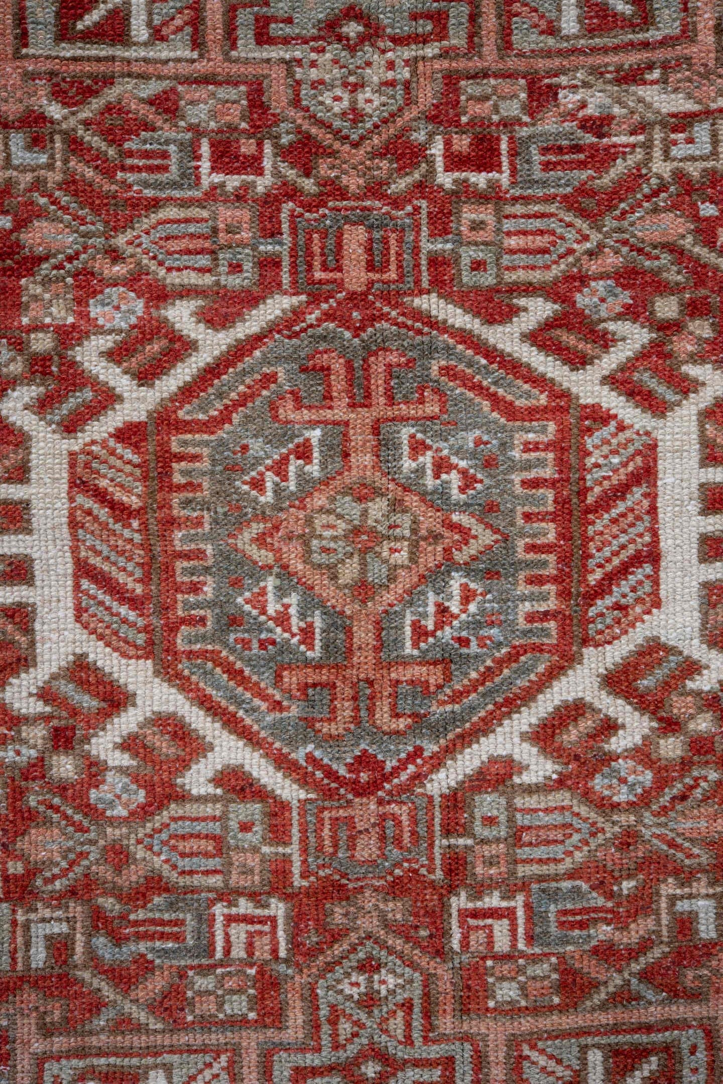 5' x 6' one-of-a-kind handmade vintage Karaje rug. Color palette: gray, rust, ivory, brick, taupe, terracotta, brown, red