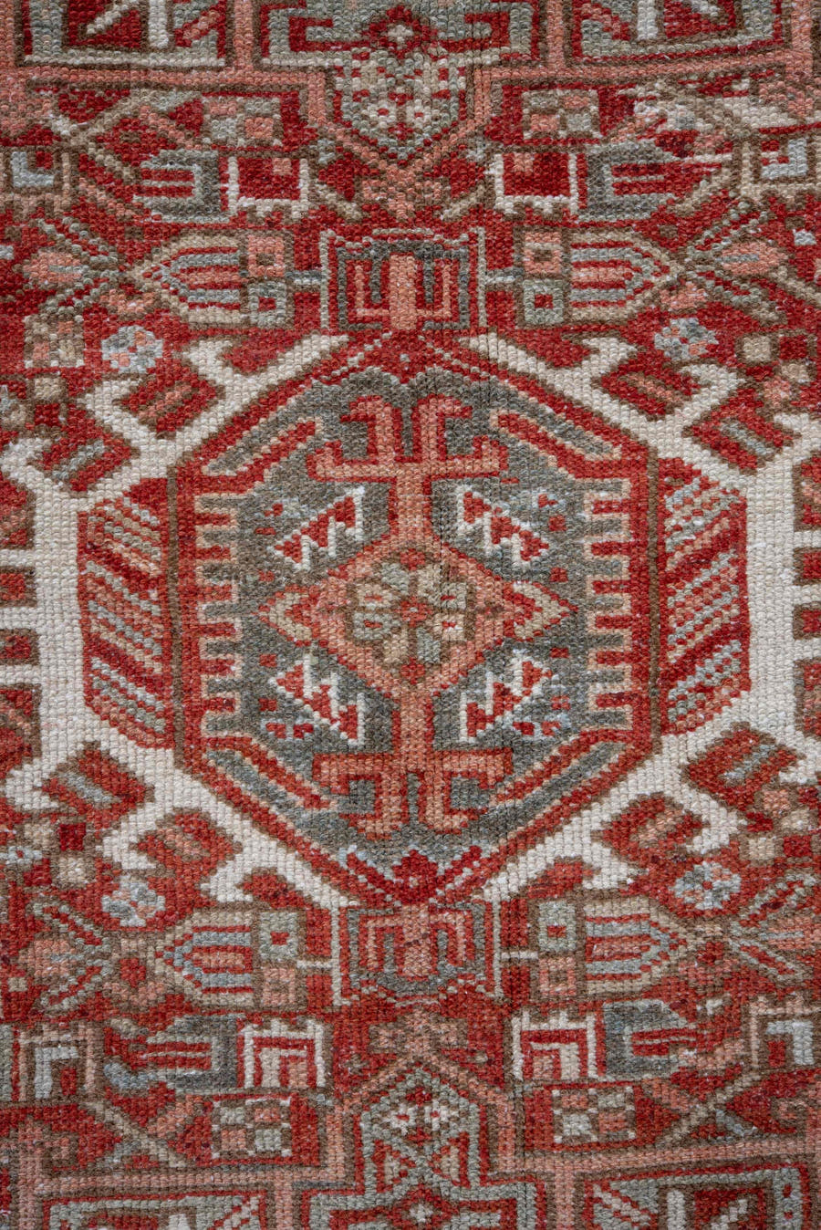 5' x 6' one-of-a-kind handmade vintage Karaje rug. Color palette: gray, rust, ivory, brick, taupe, terracotta, brown, red