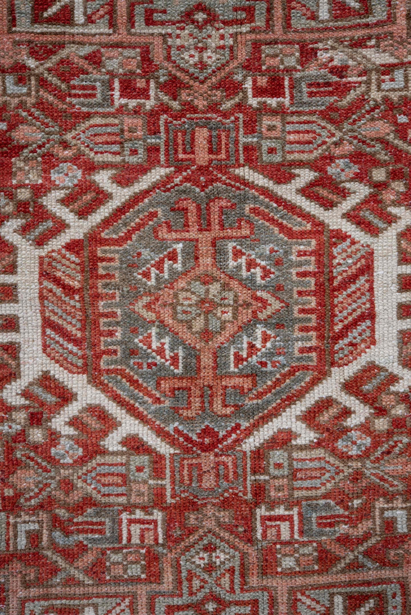 5' x 6' one-of-a-kind handmade vintage Karaje rug. Color palette: gray, rust, ivory, brick, taupe, terracotta, brown, red