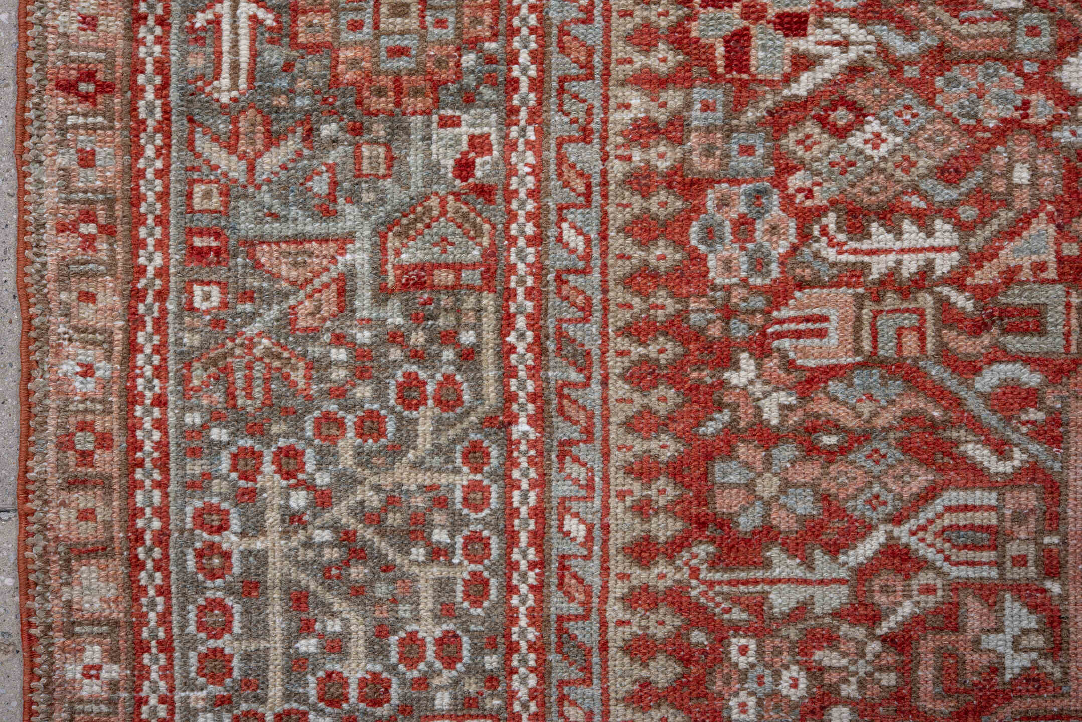 5' x 6' one-of-a-kind handmade vintage Karaje rug. Color palette: gray, rust, ivory, brick, taupe, terracotta, brown, red
