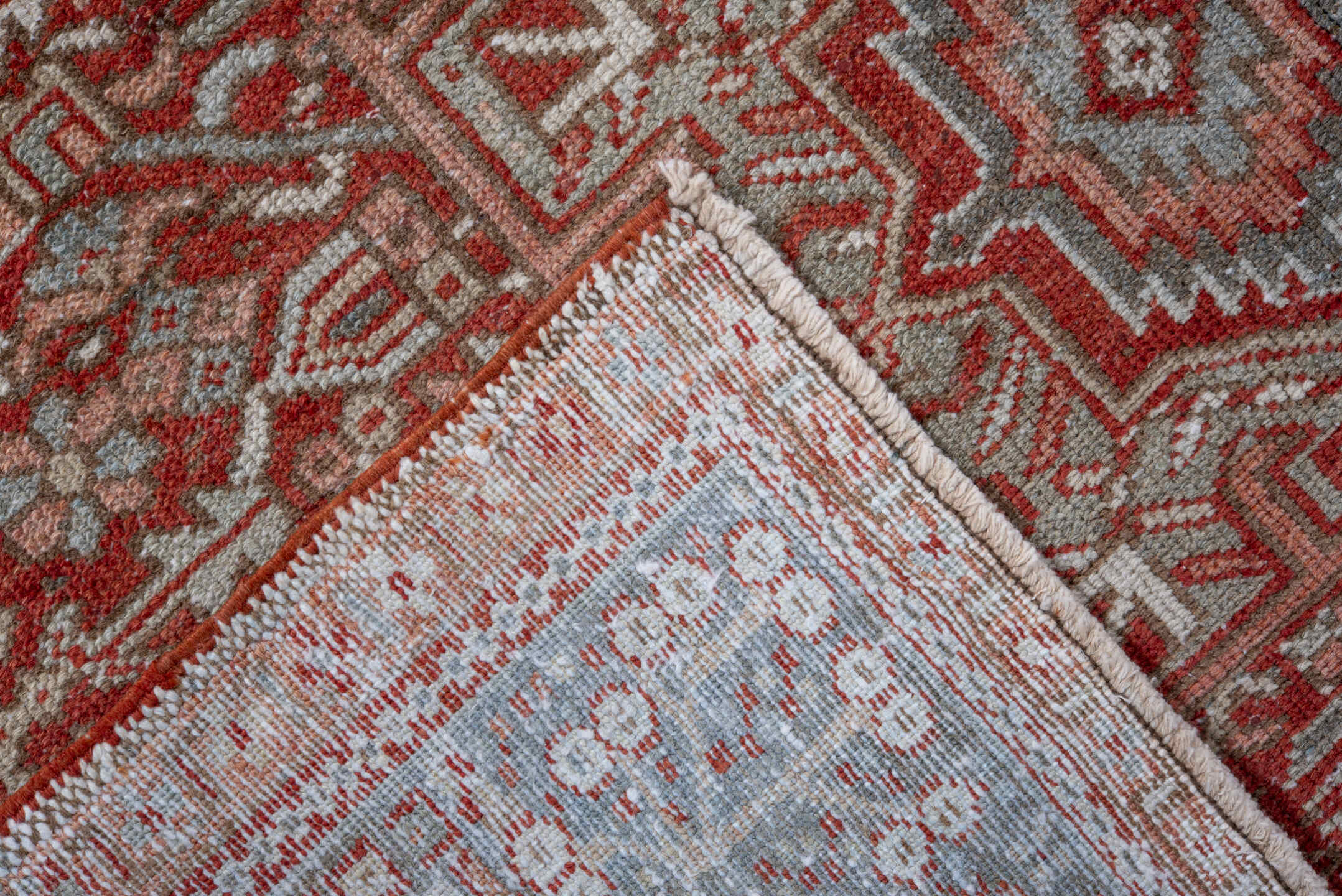 5' x 6' one-of-a-kind handmade vintage Karaje rug. Color palette: gray, rust, ivory, brick, taupe, terracotta, brown, red