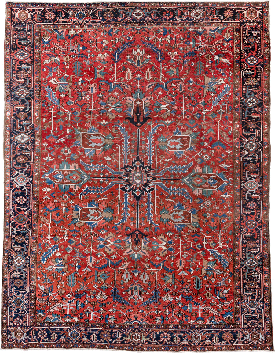 8' x 11' one-of-a-kind handmade vintage Heriz large size rug. Color palette: rust, navy, sky_blue, ivory, taupe, rose, slate